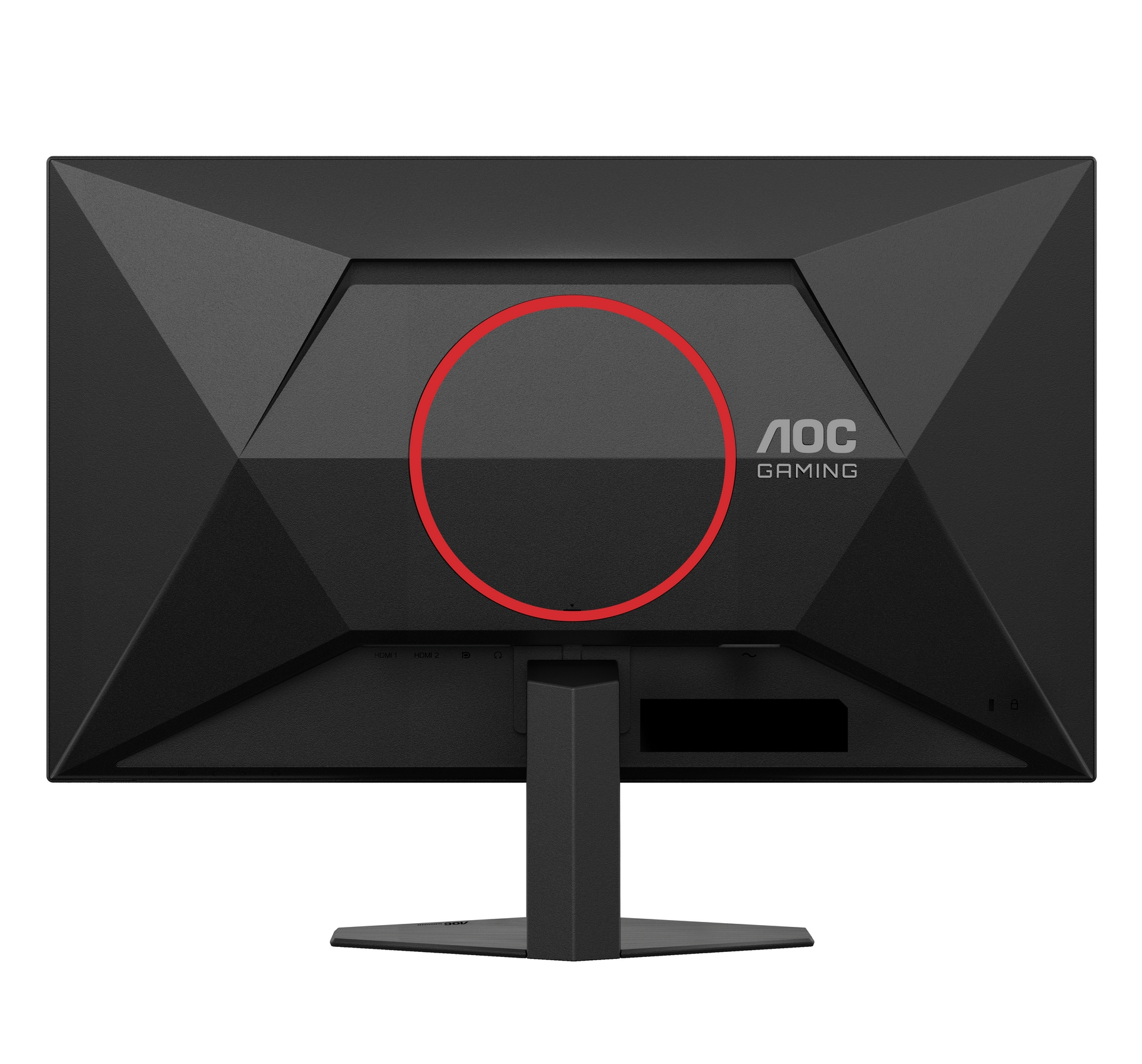 Back of a black AOC Gaming monitor with a red circle and ports.