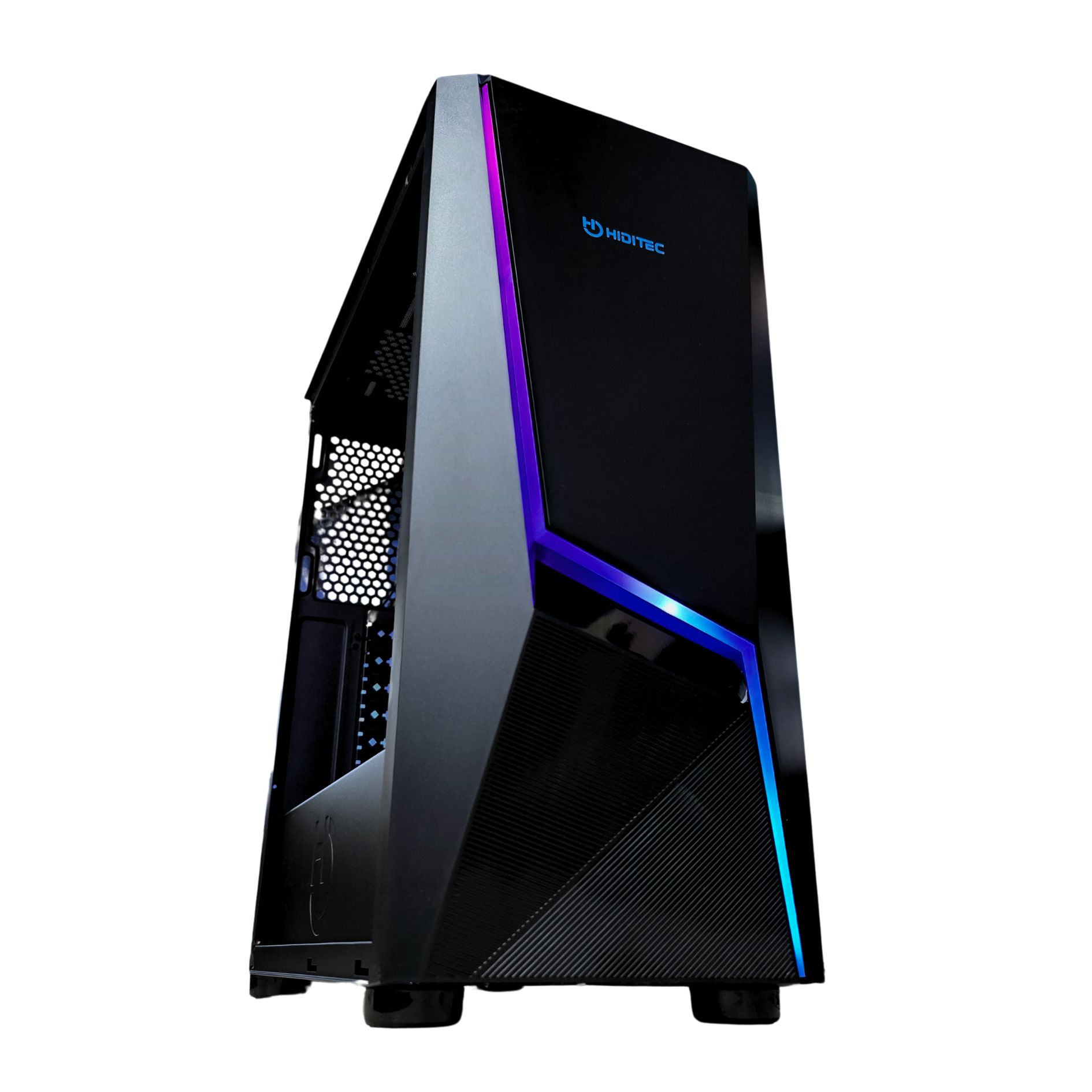 Caja de PC negra con iluminación LED azul-violeta y rejilla de ventilación.