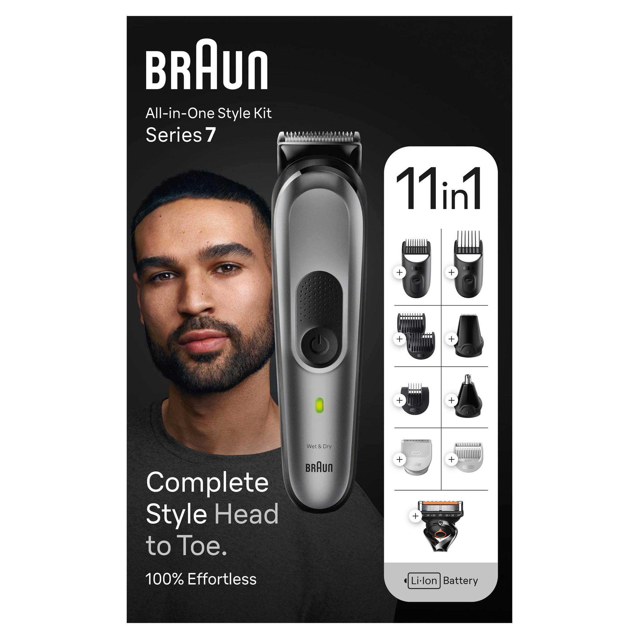 Tagliacapelli Braun Serie 7 con accessori, uomo sullo sfondo.