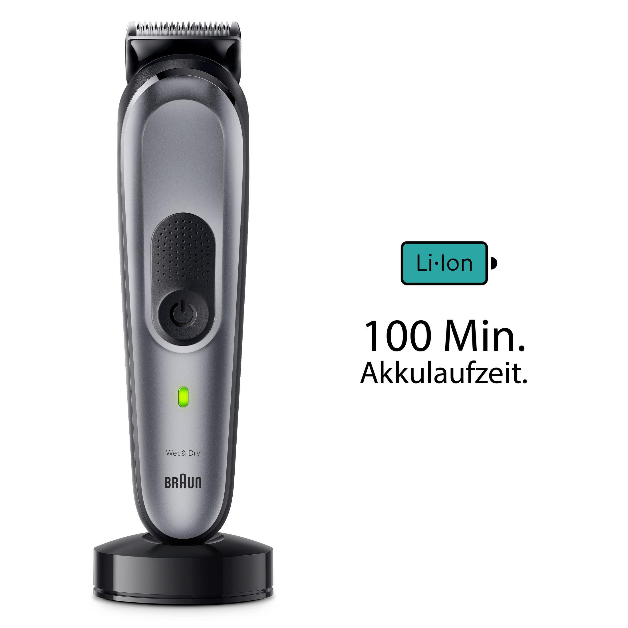 Un rifinitore da barba Braun su base di ricarica, con info batteria.