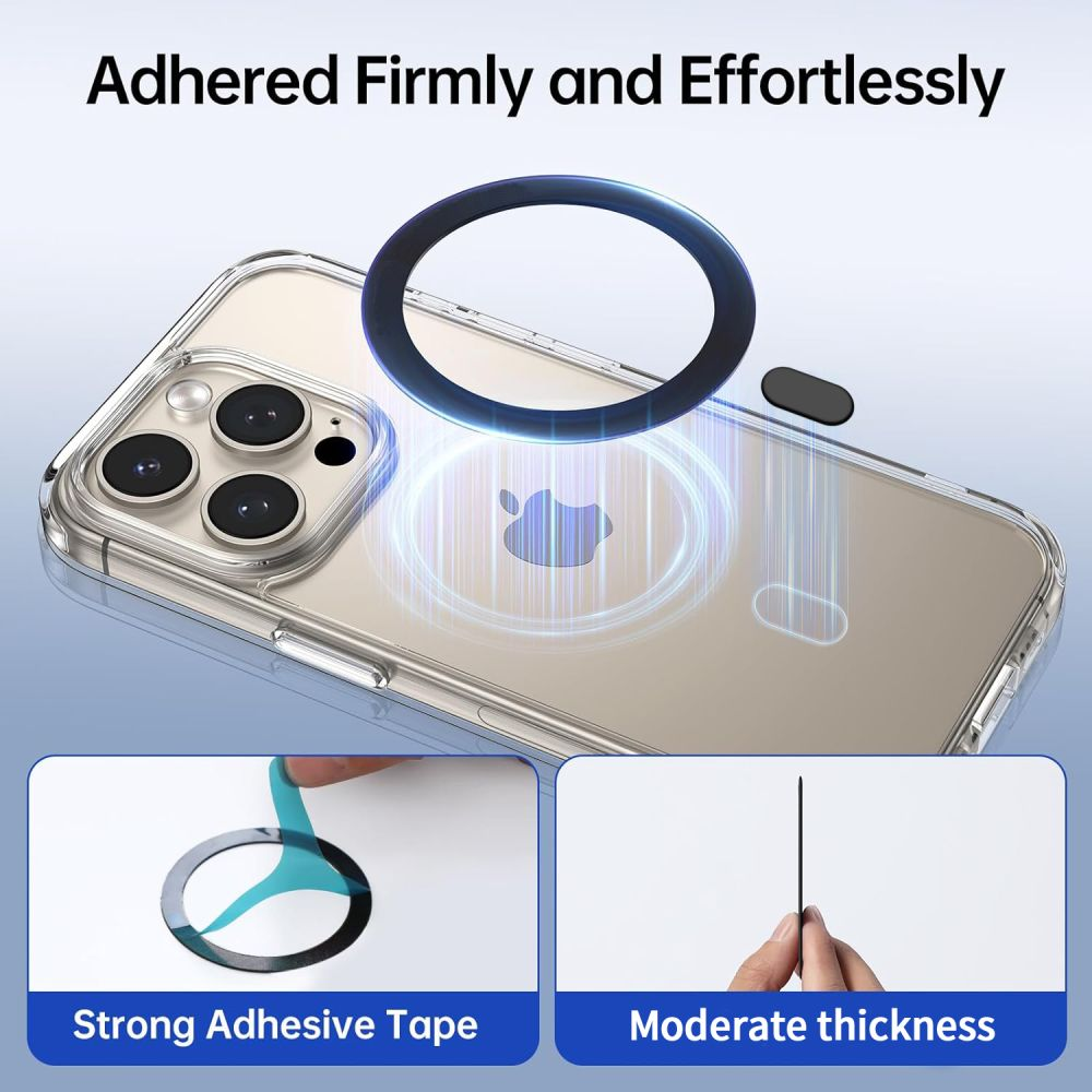 Ein iPhone mit Hülle und magnetischem Ring. Starkes Klebeband und moderate Dicke.