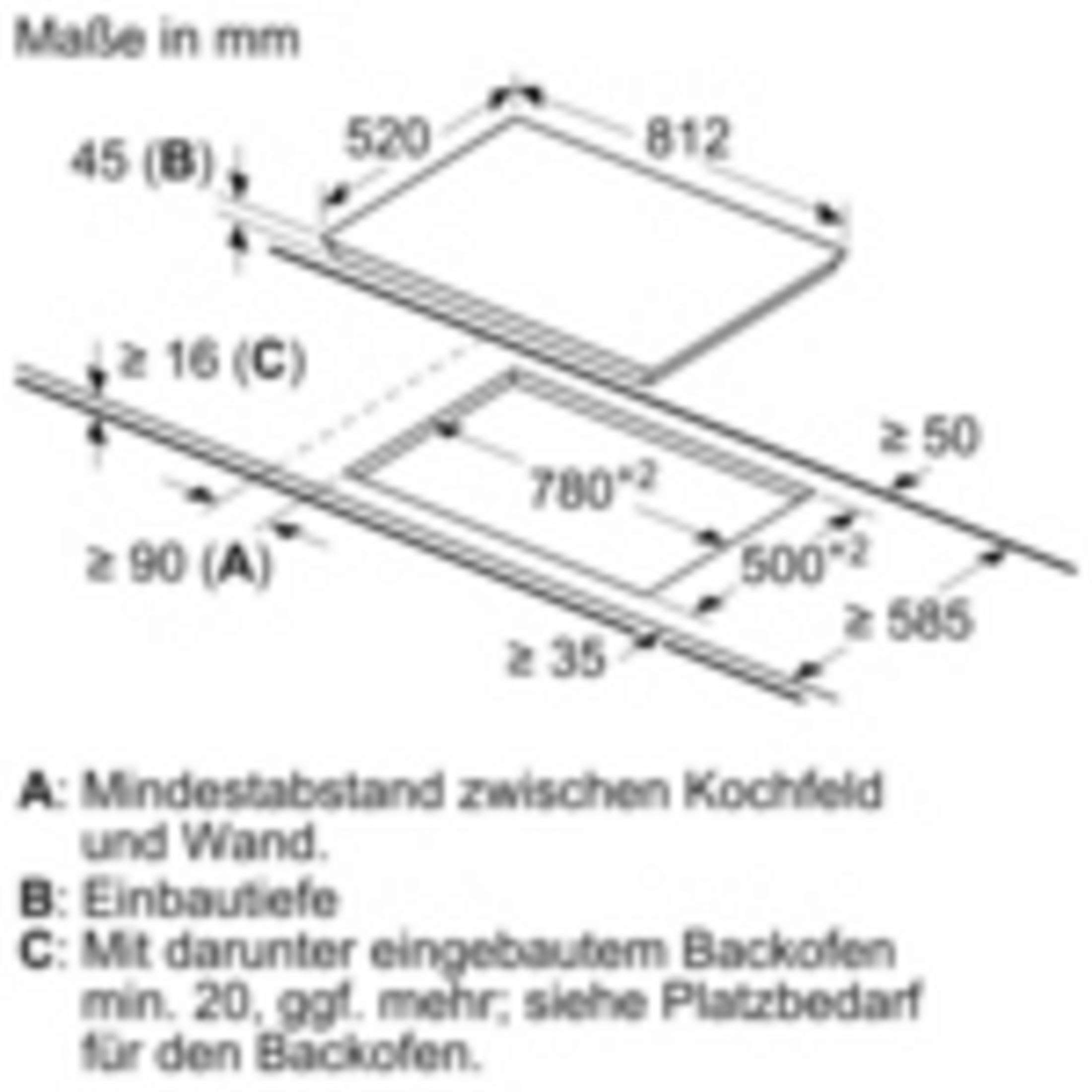 Einbauzeichnung eines Kochfelds mit Maßen in mm.