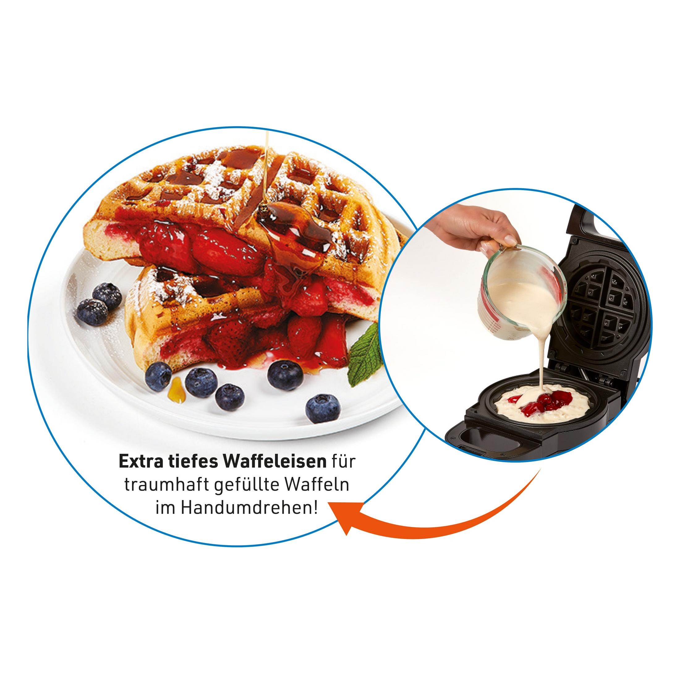 Waffel mit Früchten und Sirup, Teig wird in eine Waffelmaschine gegossen.