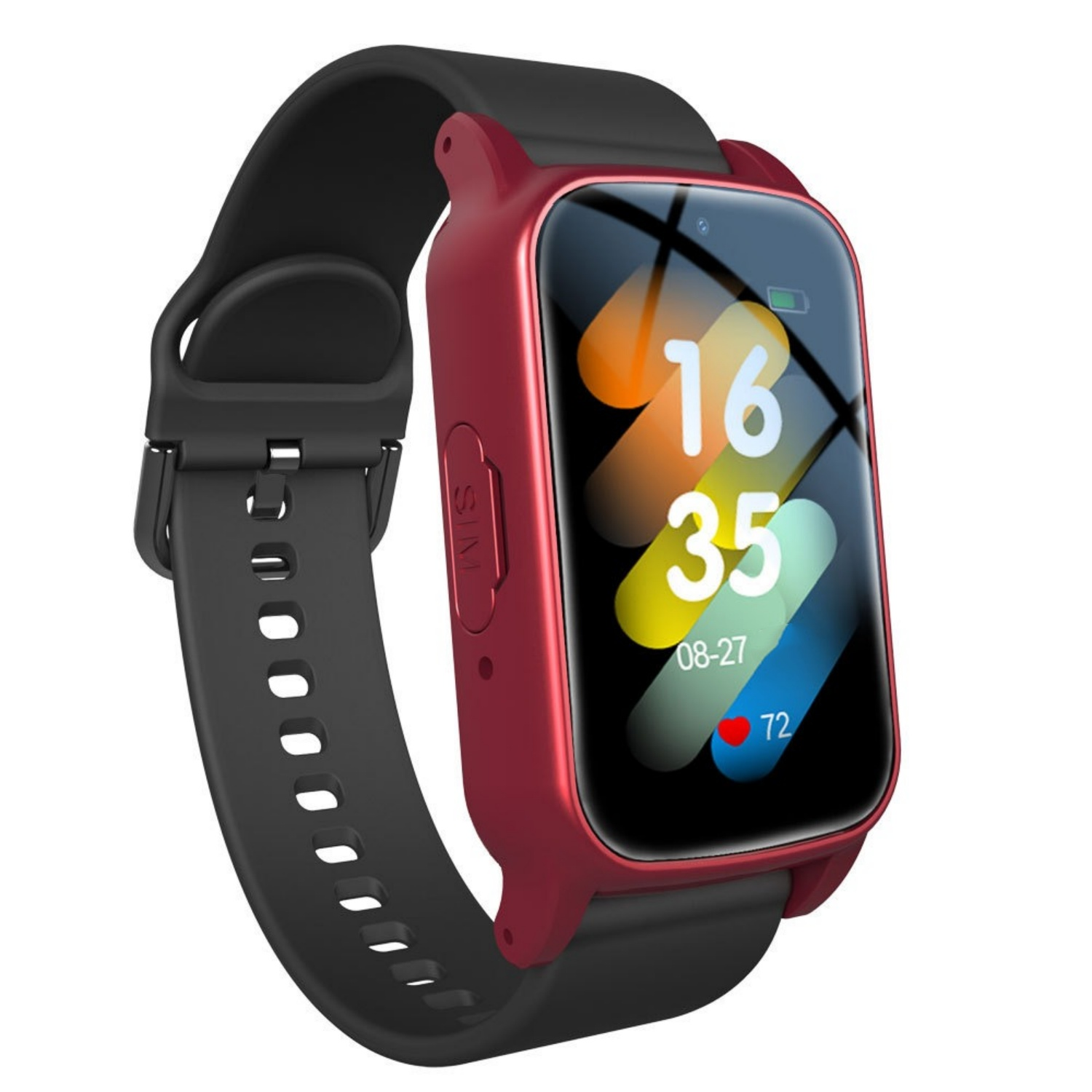 Eine rote Smartwatch mit schwarzem Armband, die Uhrzeit 16:35 anzeigt.