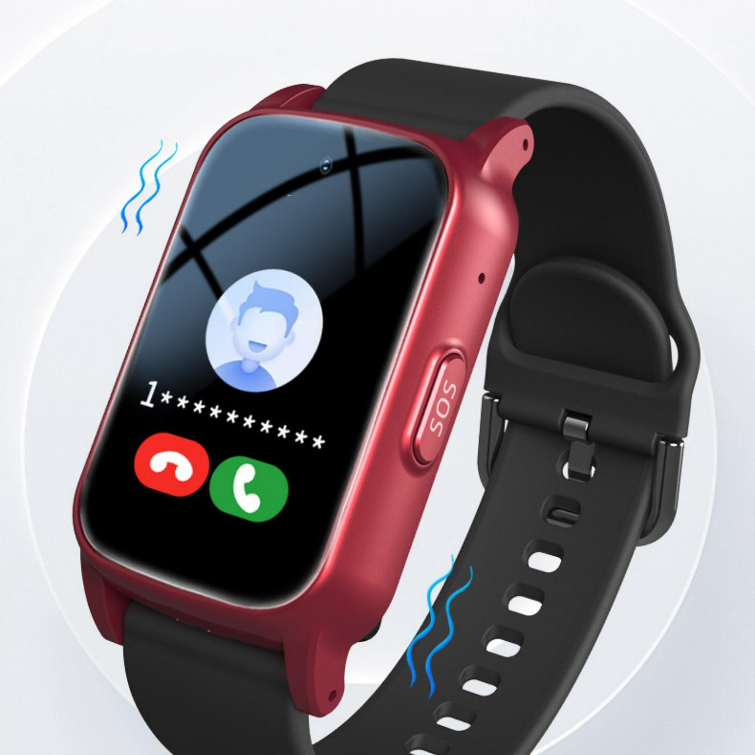 Ein rotes Smartwatch mit schwarzem Armband zeigt einen eingehenden Anruf.