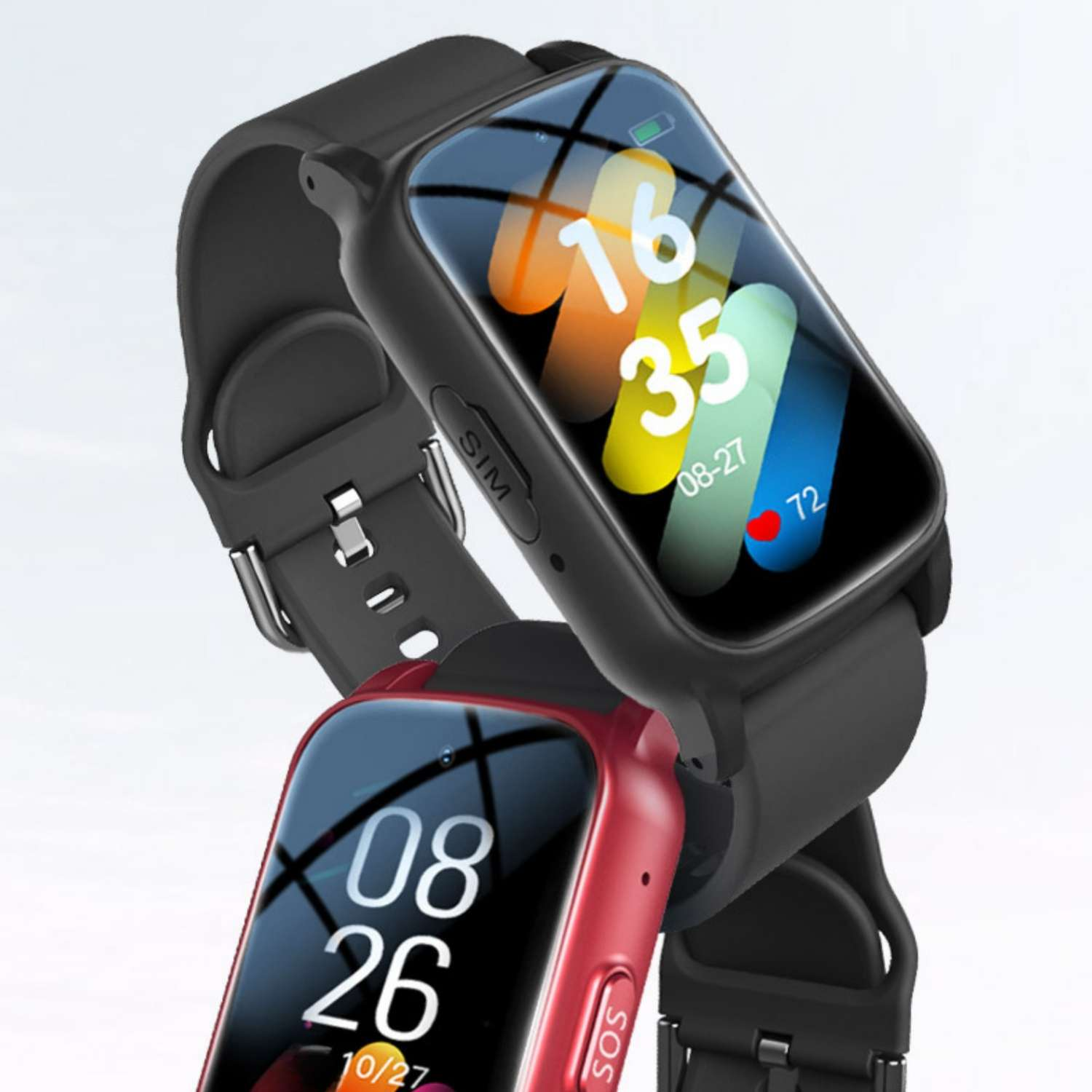 Zwei Smartwatches, eine schwarz, eine rot, mit bunten Zifferblättern und verschiedenen Anzeigen.