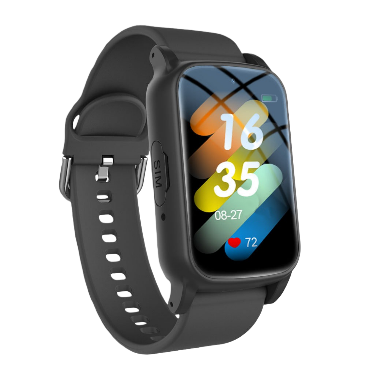 Eine schwarze Smartwatch mit einem bunten Zifferblatt zeigt die Uhrzeit 16:35 und das Datum 08-27.