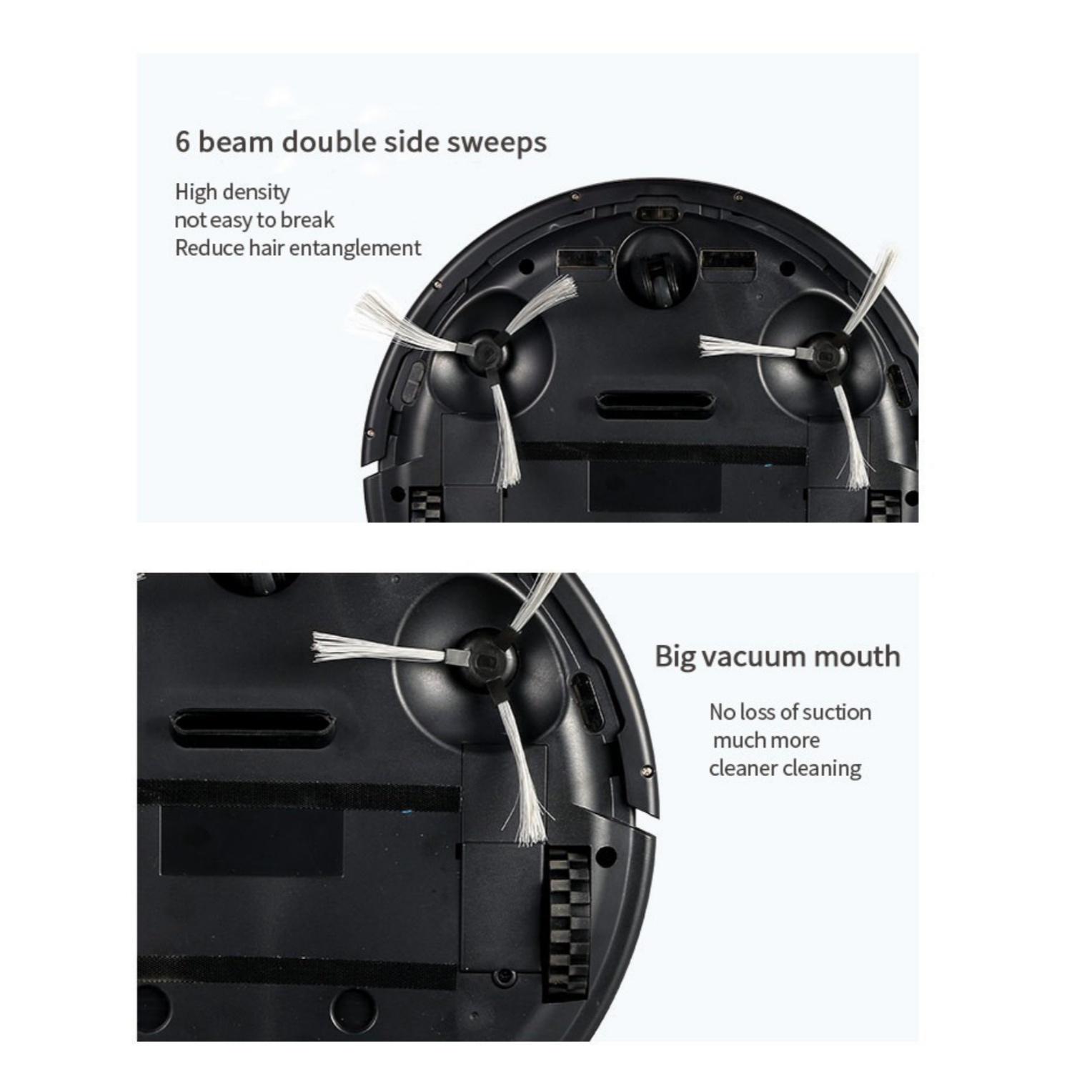 Staubsaugerunterseite mit drei Bürsten und Text über "6 Beam Double Side Sweeps".