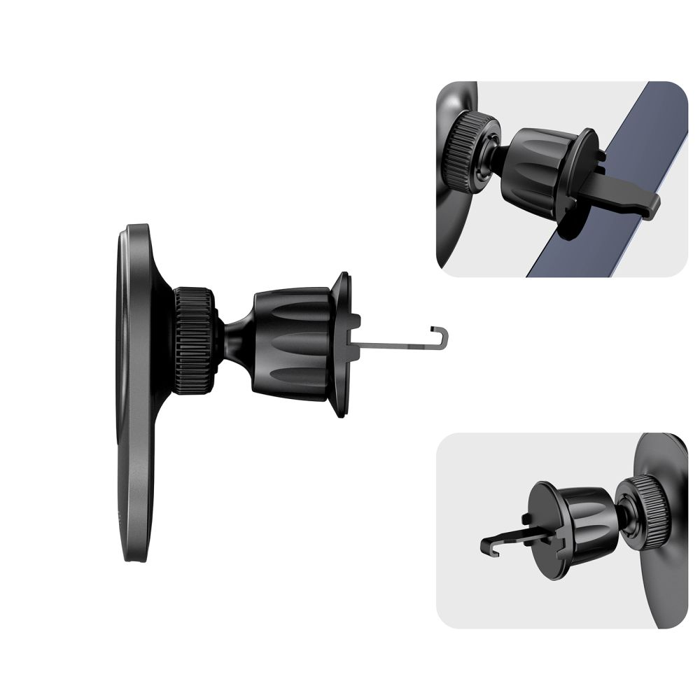 Ein schwarzer Handyhalter mit Saugnapf und Haken.