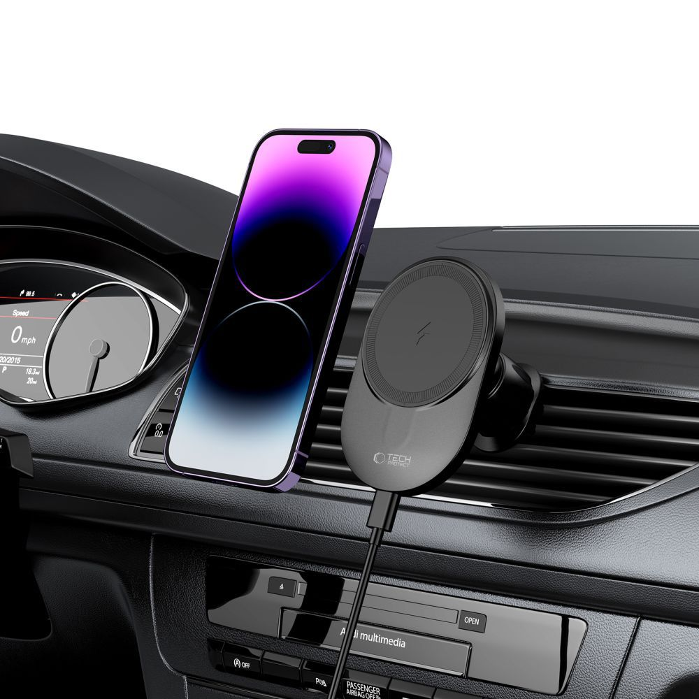 Ein Smartphone ist an einem magnetischen Autohalter befestigt, der am Lüftungsgitter angebracht ist.