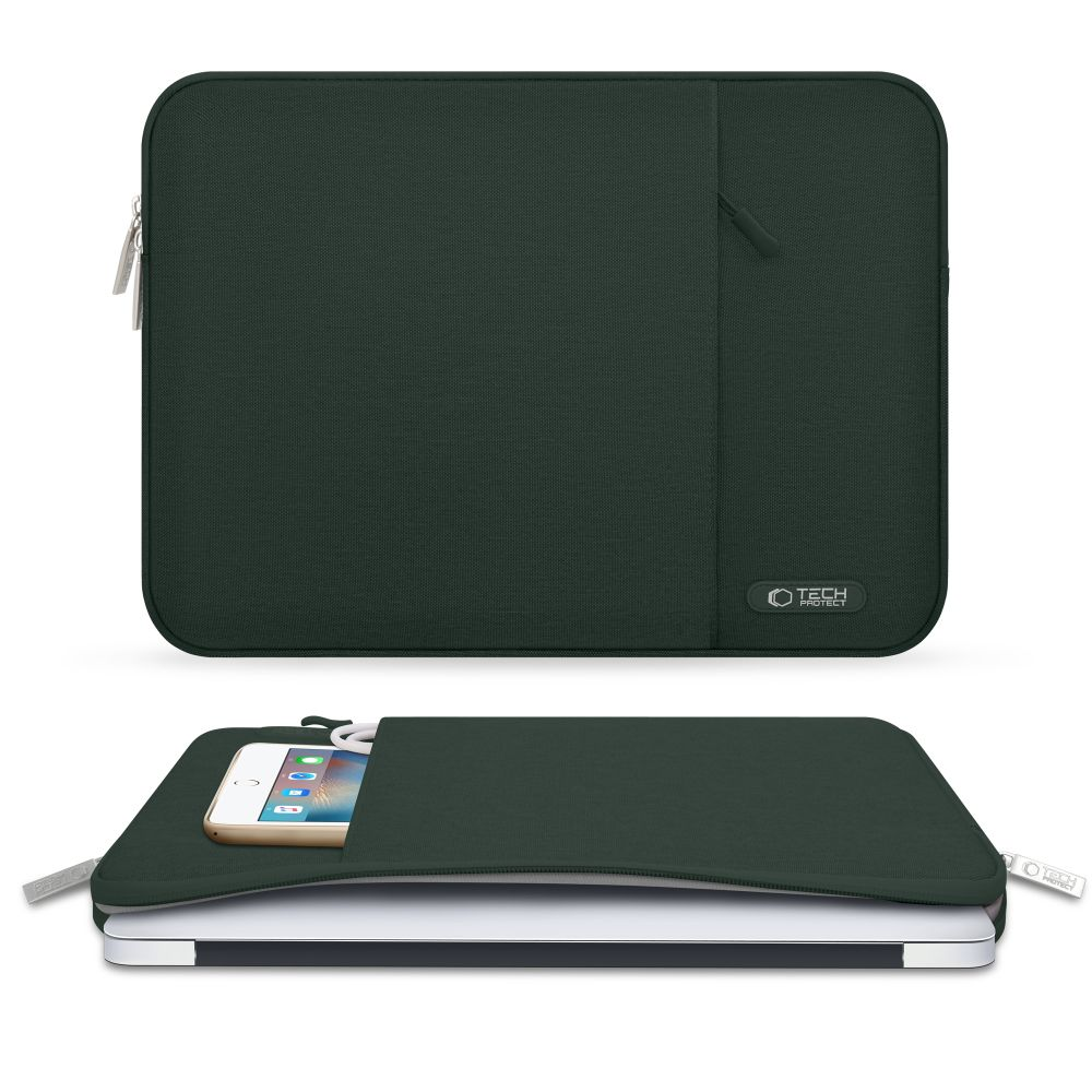 Dunkelgrüne Laptoptasche mit Reißverschluss, eine Seite geschlossen, eine offen mit Handy.