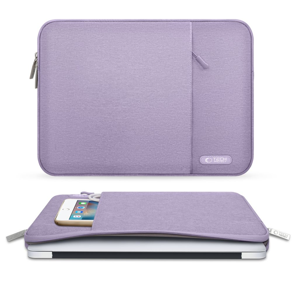 Lila Laptoptasche mit Reißverschluss und einer Vordertasche mit einem Handy.