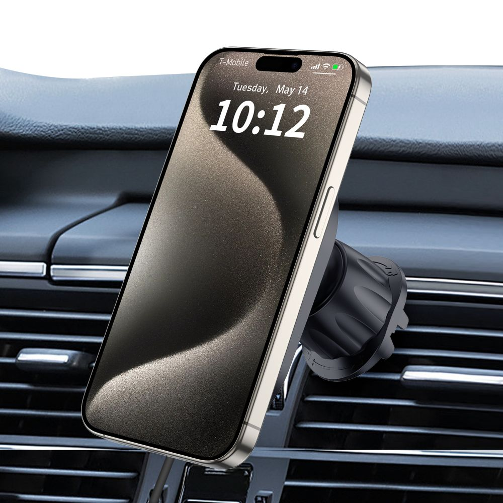 Ein Smartphone in einer Autohalterung, befestigt an einem Lüftungsschlitz.