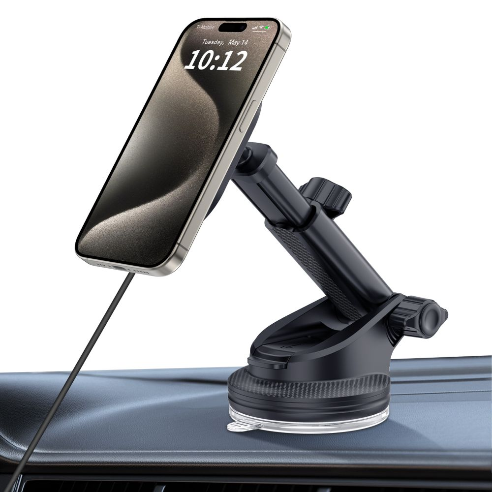 Ein Smartphone auf einem schwarzen Autohalter mit Saugnapf.