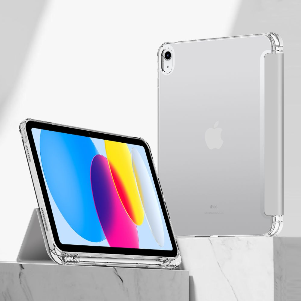Zwei transparente Hüllen für iPads auf Marmorsockeln. Eines steht aufrecht, das andere ist auf einem Ständer.