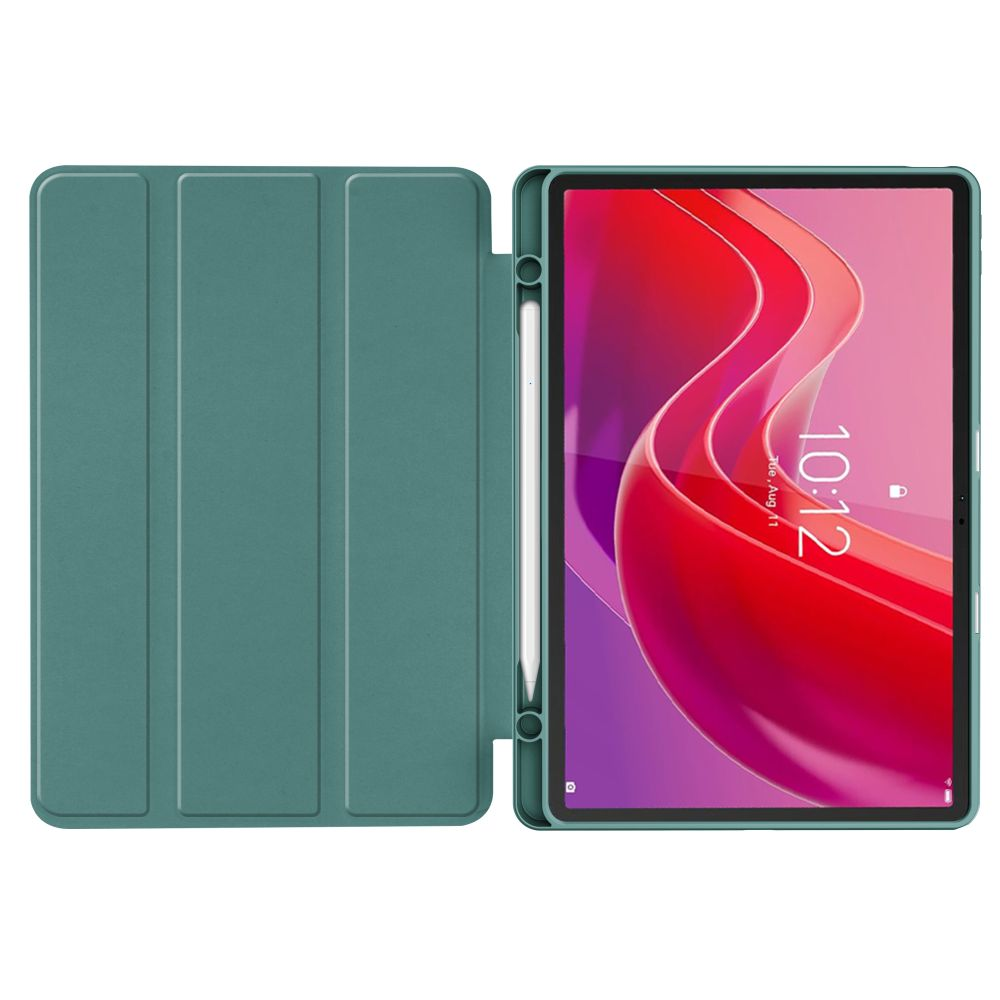 Eine türkisfarbene Tablet-Hülle ist geöffnet und zeigt ein Tablet mit einem rot-pinken abstrakten Hintergrundbild.