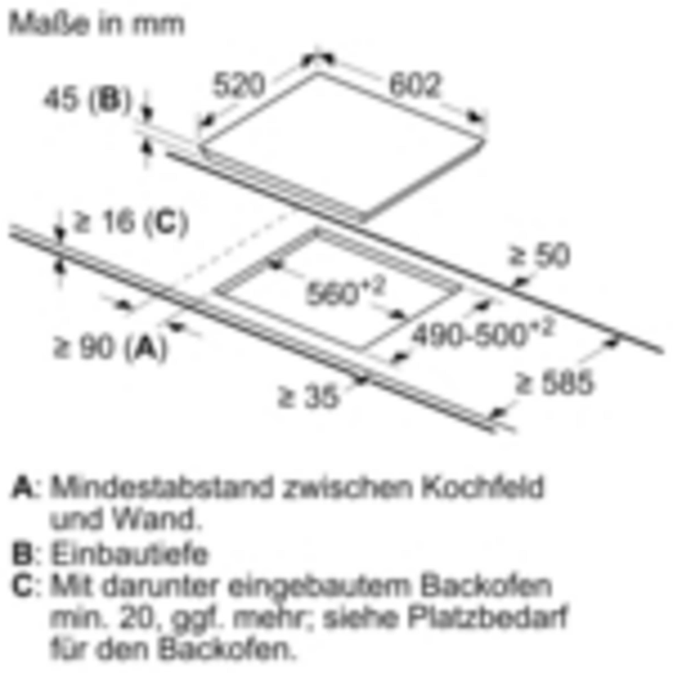 Einbauzeichnung eines Kochfelds mit Maßen in mm.