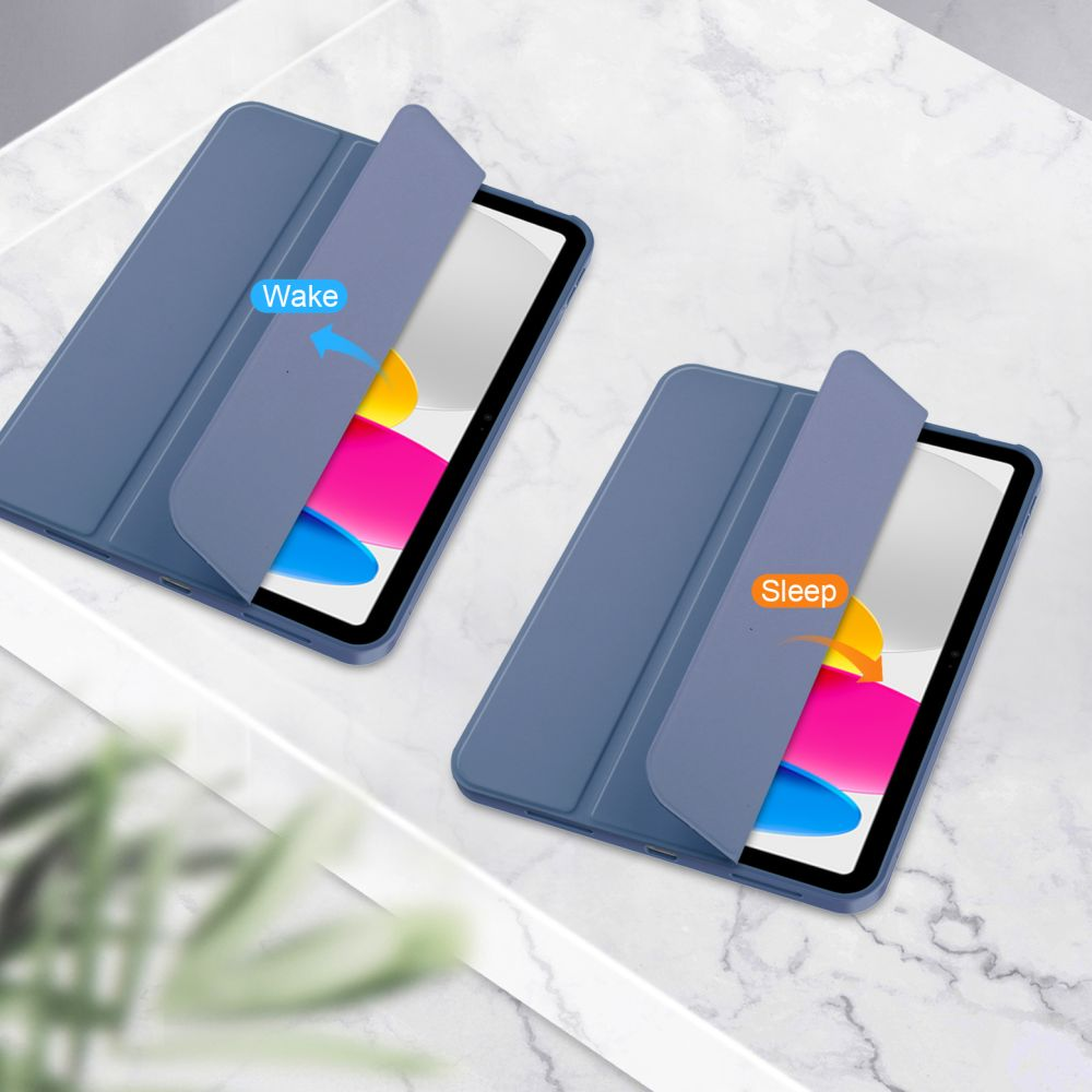 Zwei blaue Tablet-Hüllen, die sich öffnen, um Bildschirme mit bunten Bildern zu enthüllen.