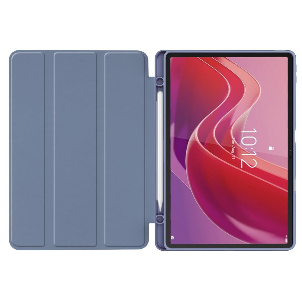 Ein blaues Tablet mit Stift und geöffneter Hülle. Der Bildschirm zeigt 10:12.