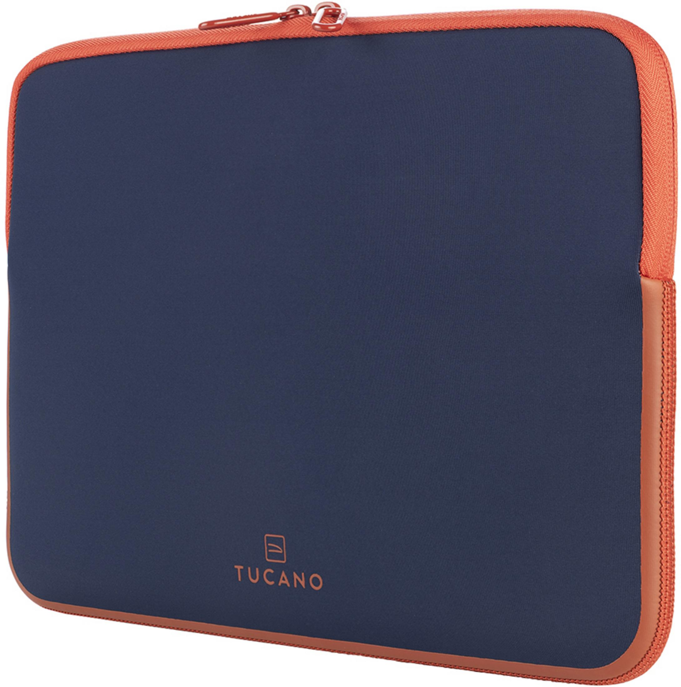 Dunkelblaue Laptoptasche mit orangem Rand und Reißverschluss.
