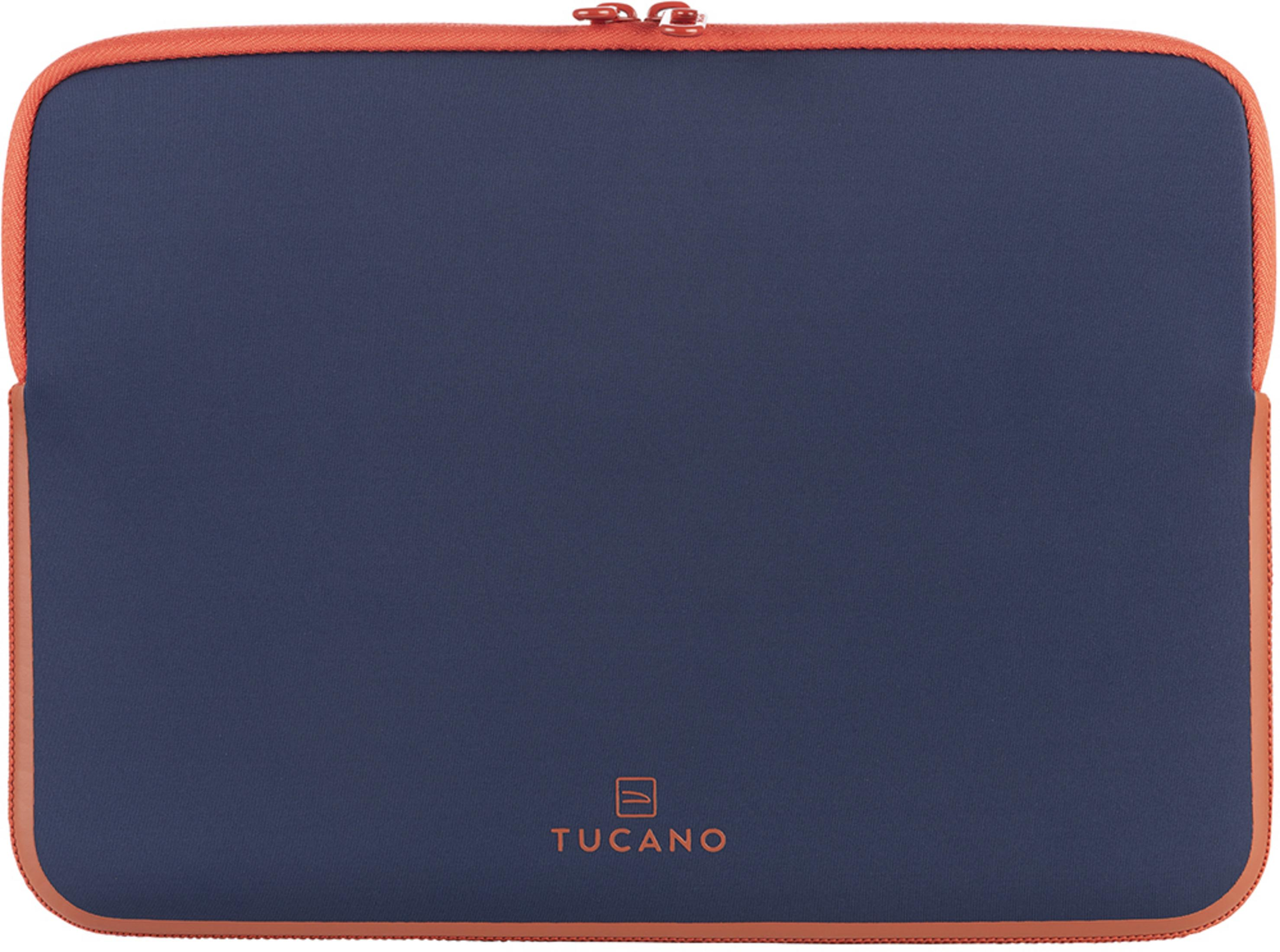 Dunkelblaue Laptoptasche mit orangefarbenem Reißverschluss und Rand.