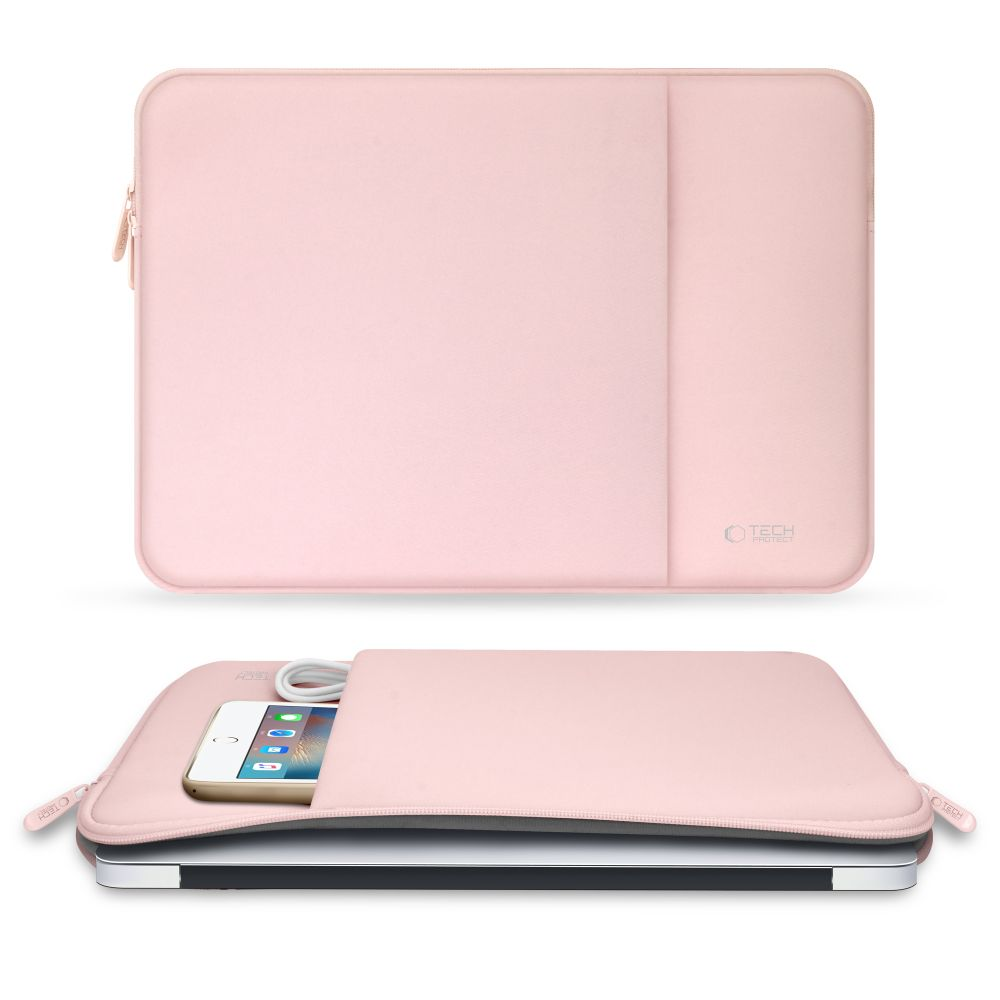 Zwei rosa Laptoptaschen, eine offen mit Handy und Ladekabel.