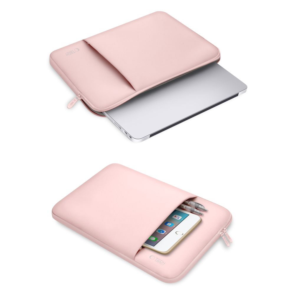 Ein rosafarbener Laptop- und Tablet-Schutz, auf weißem Hintergrund.