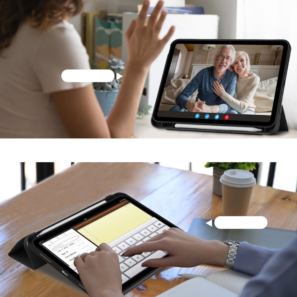 Eine Frau videoanruft mit älteren Eltern. Unten tippt eine Person auf einem Tablet.