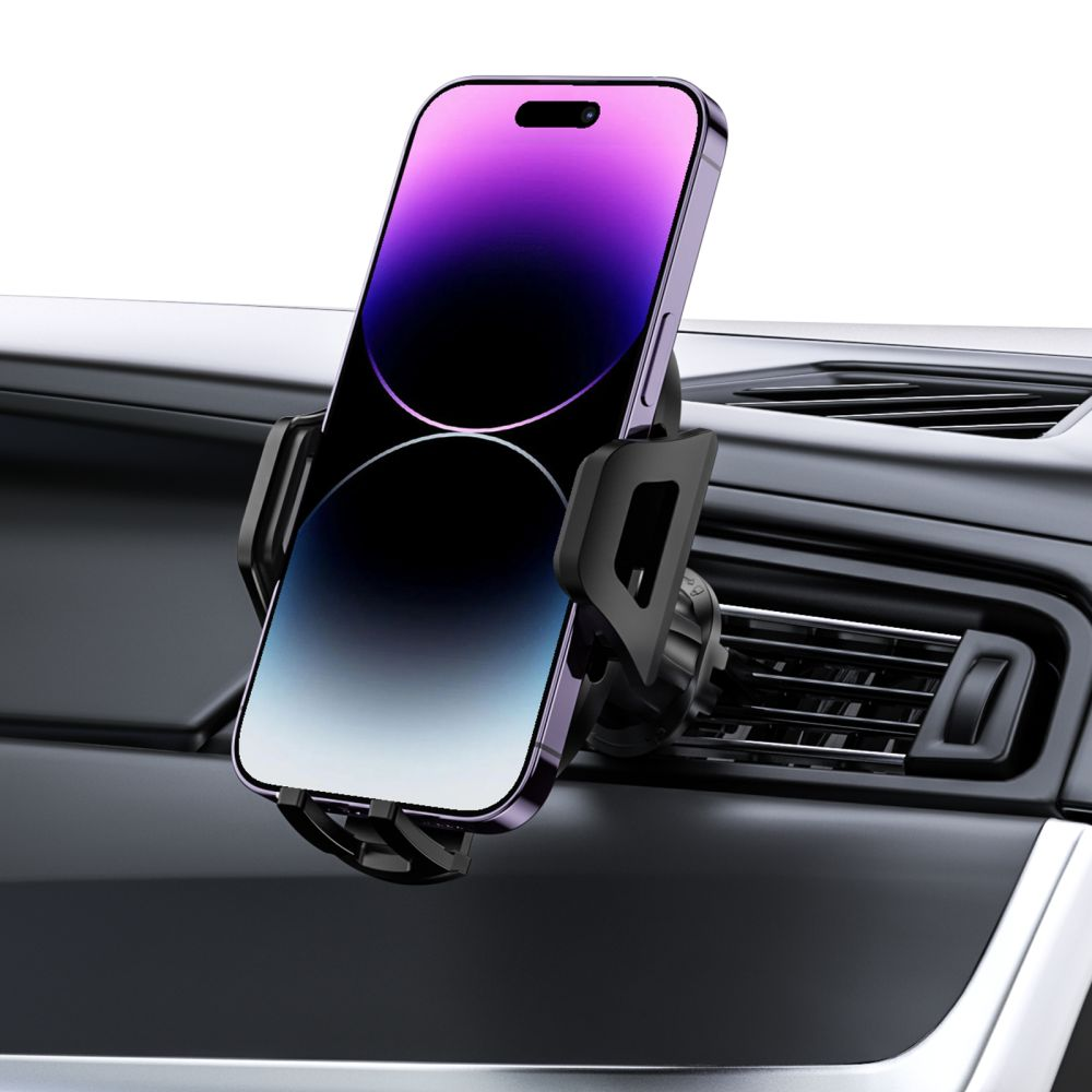 Ein Smartphone in einem schwarzen Autohalter an einem Lüftungsschlitz.
