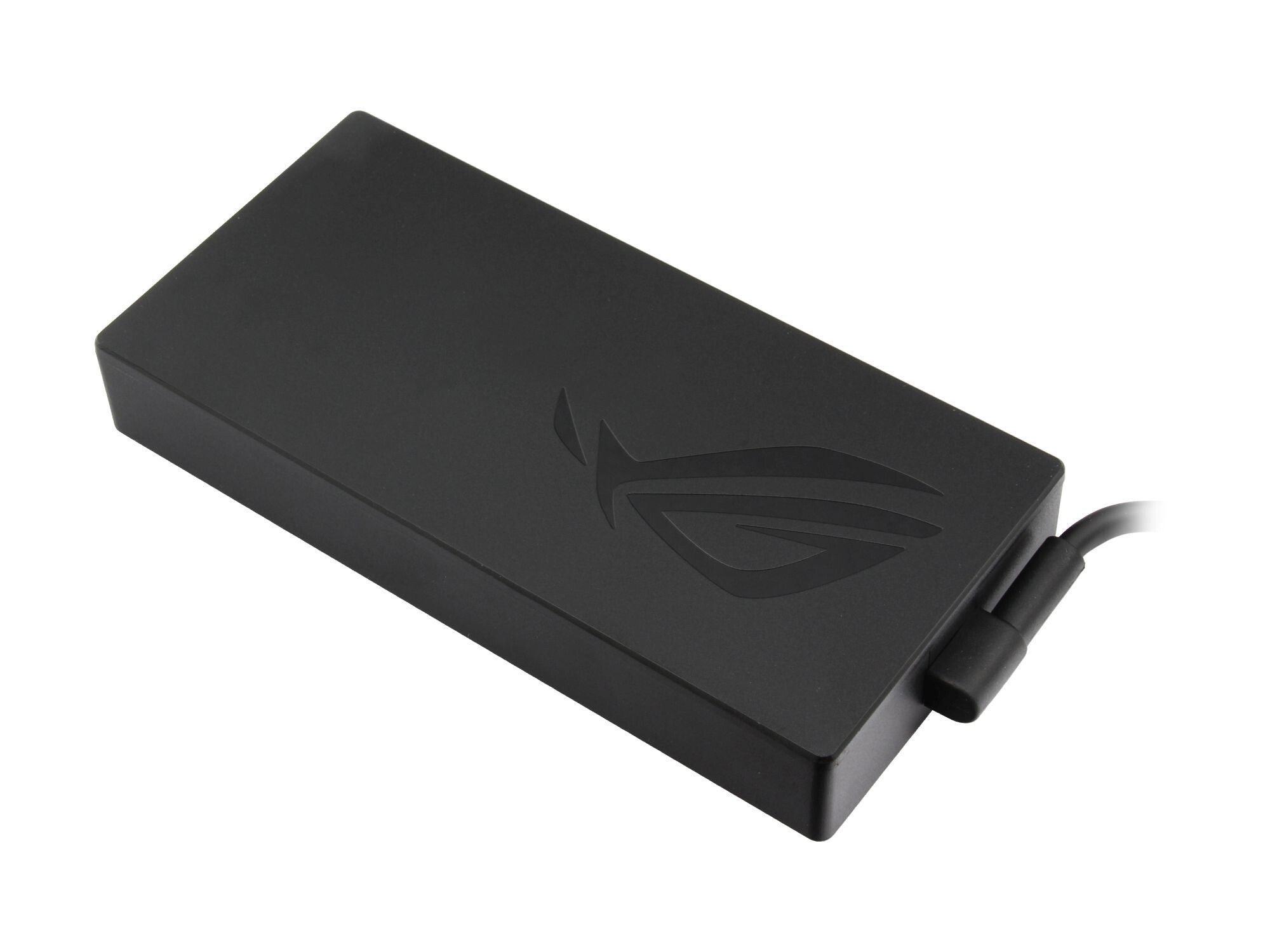 Schwarzer rechteckiger Netzadapter mit ROG-Logo und Kabel.