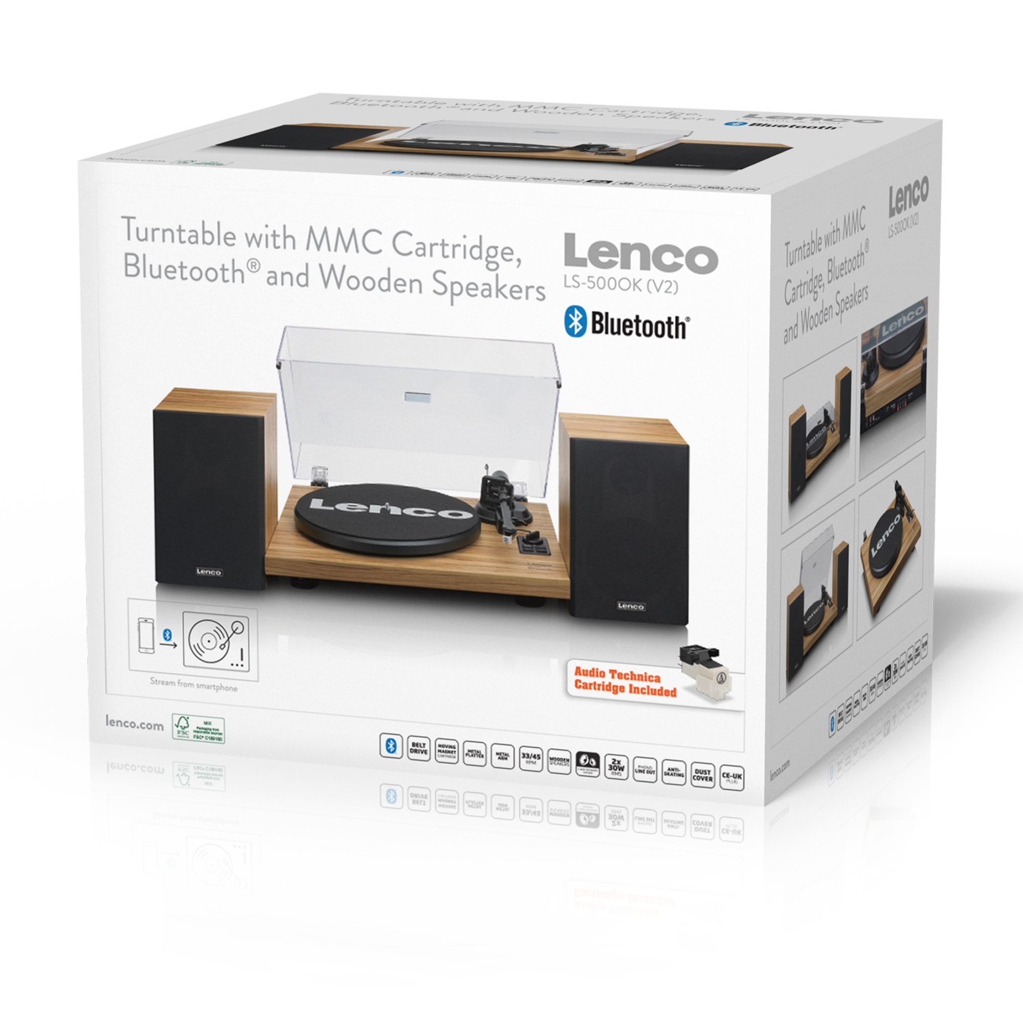 Lenco Plattenspieler mit Holzboxen und Bluetooth auf weißem Hintergrund.