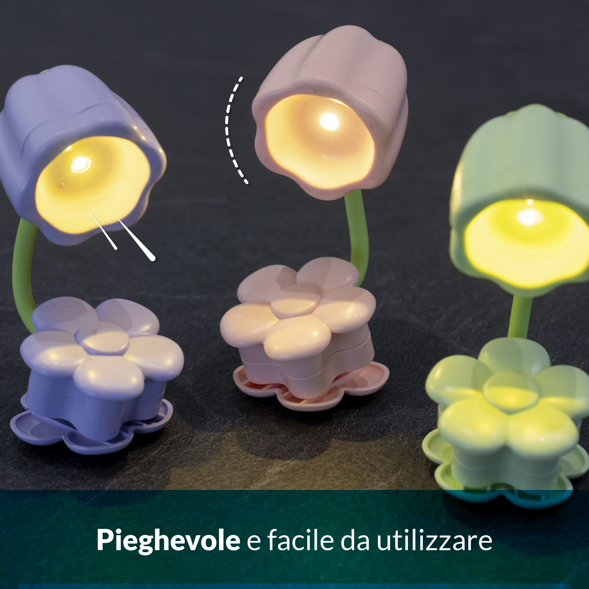 Tre lampade a forma di fiore viola, rosa e verdi si illuminano su sfondo scuro.