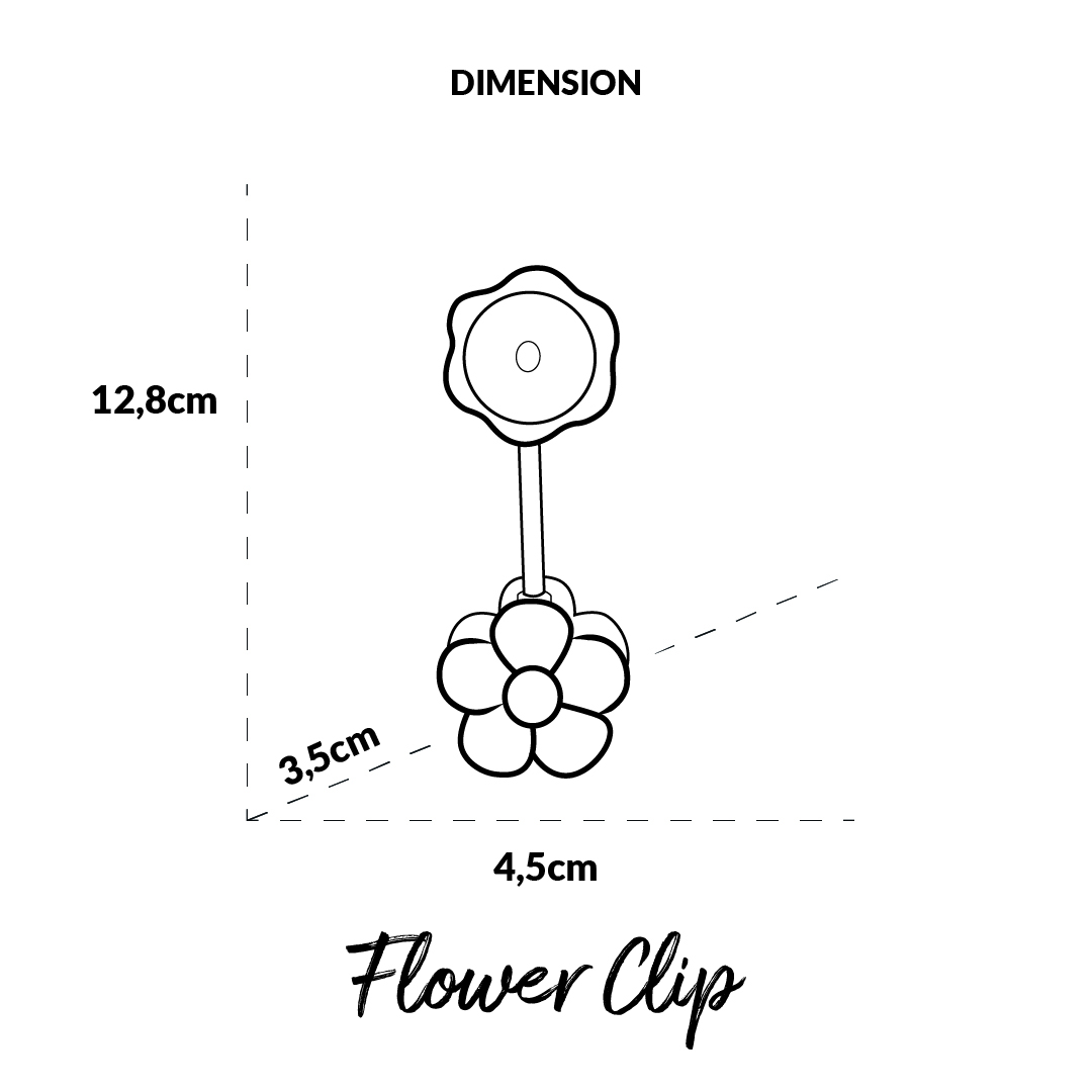 Un disegno schematico di una clip a fiore con dimensioni.