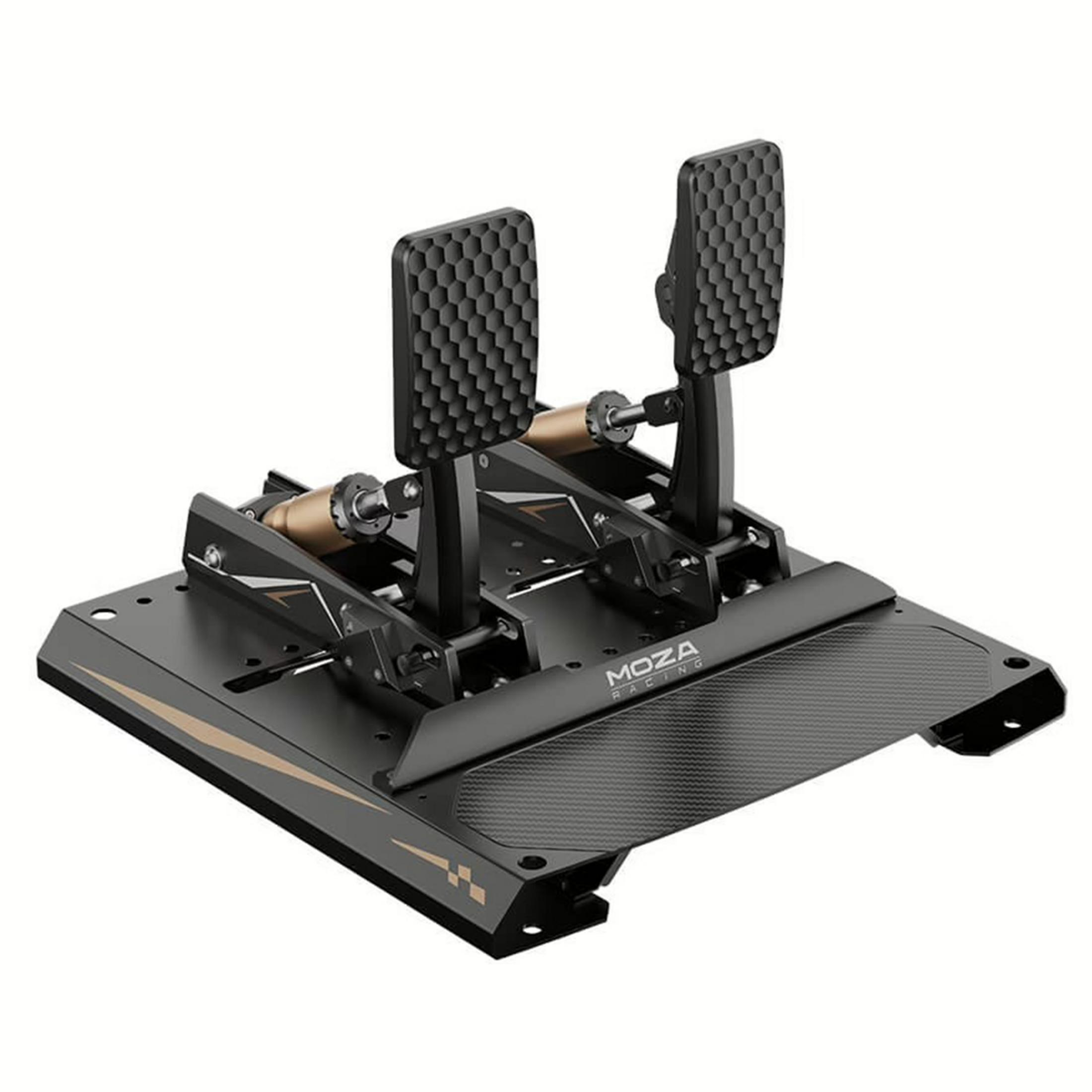 Schwarzes Pedalset mit zwei Pedalen und goldener Dämpfung, auf schwarzer Basis.