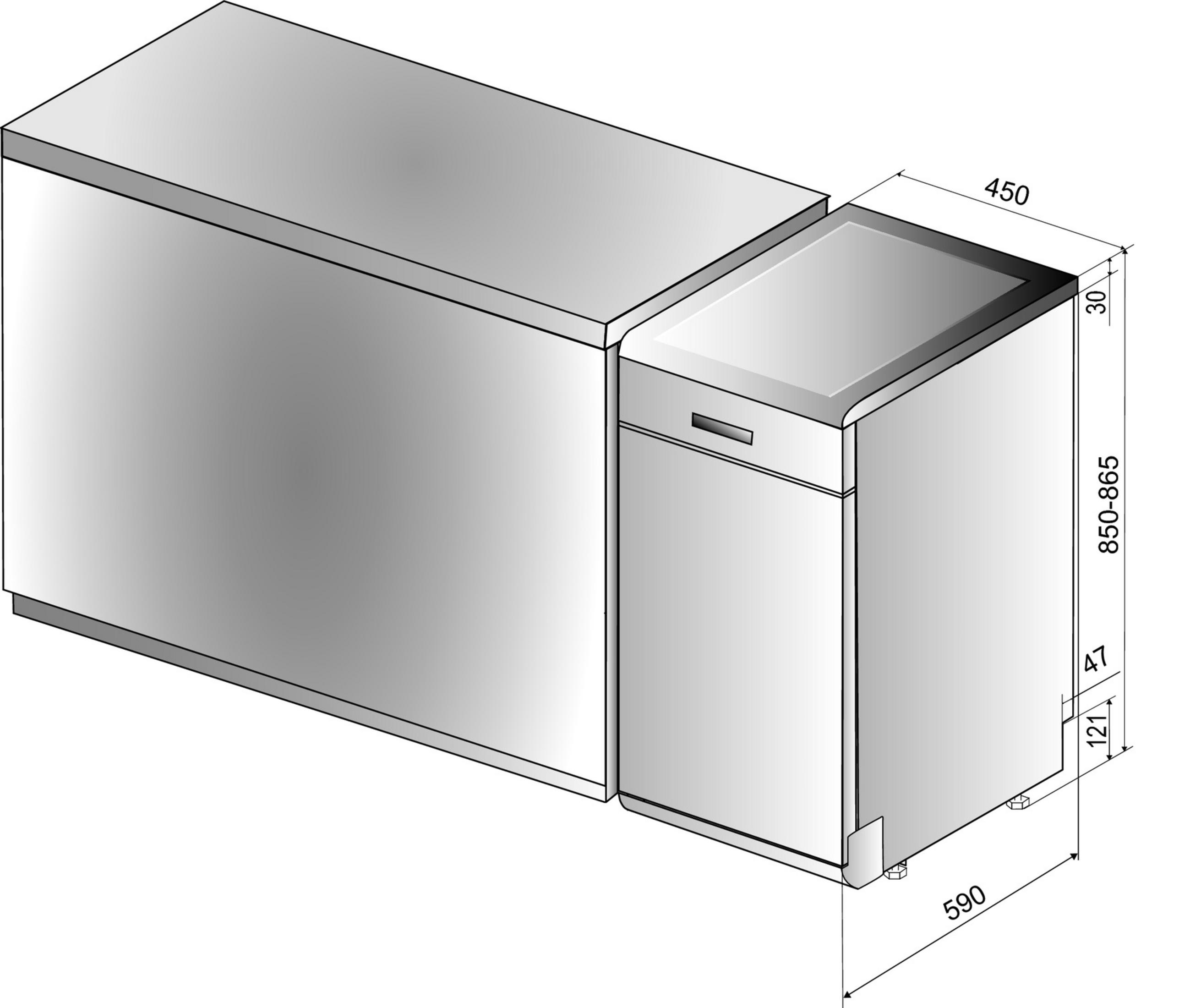 Dibujo técnico de un lavavajillas plateado con dimensiones.