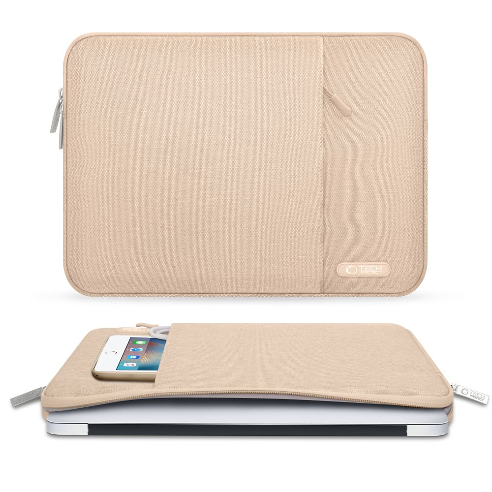 Eine beige Laptoptasche mit Reißverschluss und einer Fronttasche. Ein Handy ist in der Tasche.