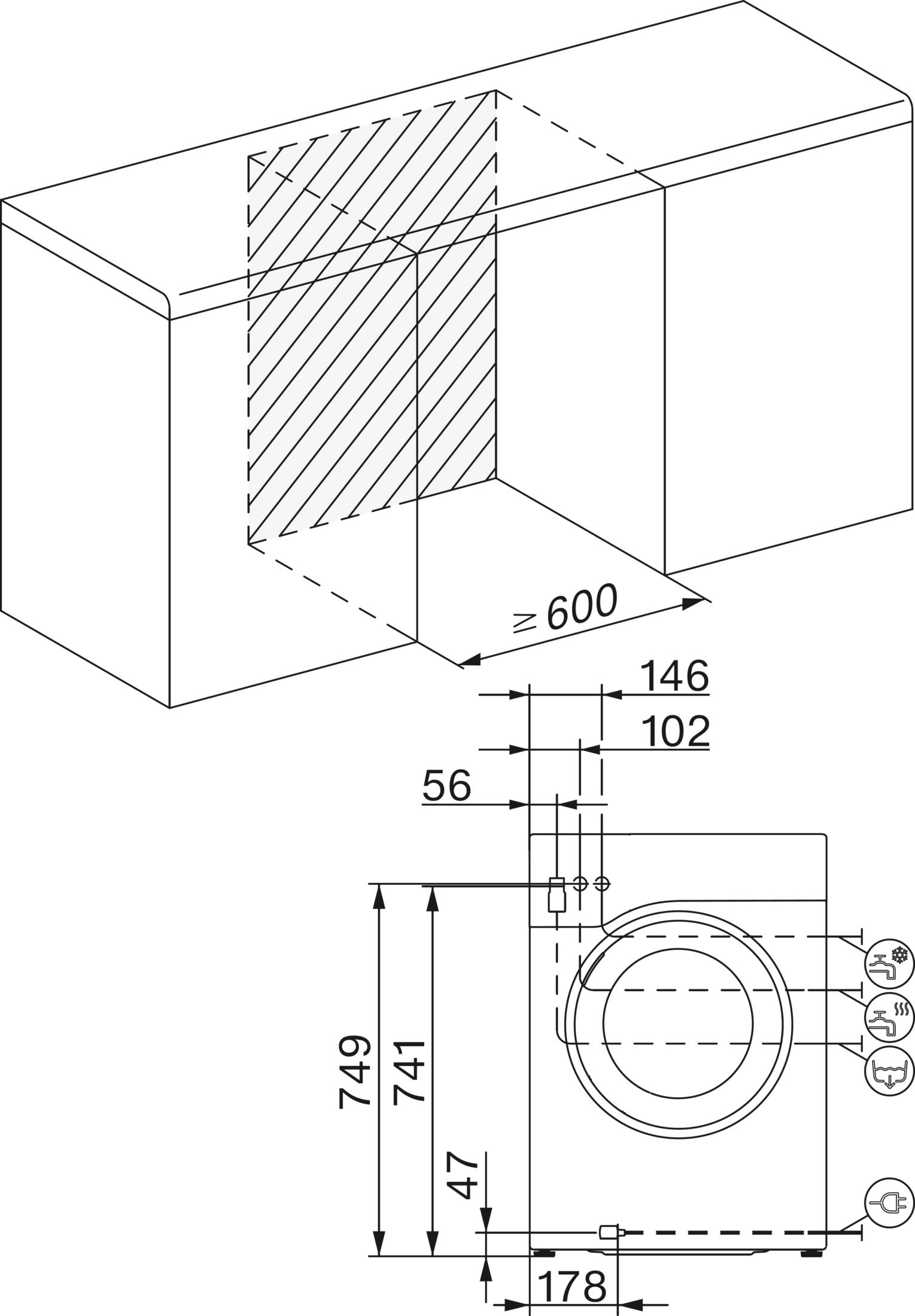 Technische Zeichnung einer Waschmaschine mit Maßen und Installationshinweisen.