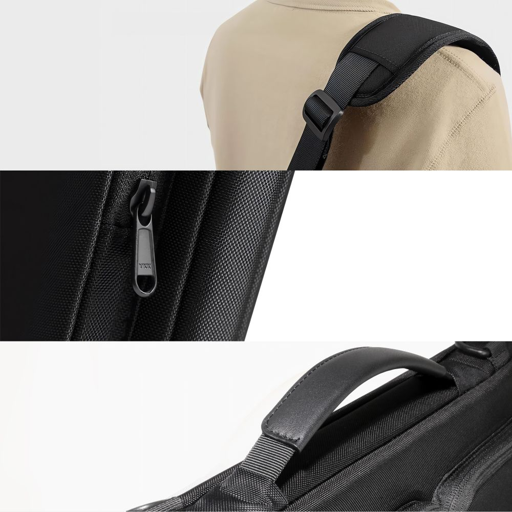 Nahaufnahme einer schwarzen Tasche mit Reißverschluss und Tragegriff.