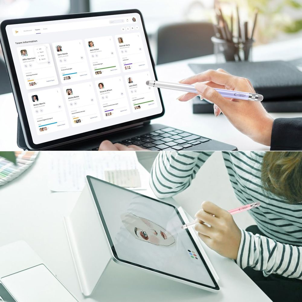 Eine Person benutzt einen Stift auf einem Tablet, das eine Mitarbeiterliste anzeigt, und eine andere Person zeichnet auf einem Tablet.