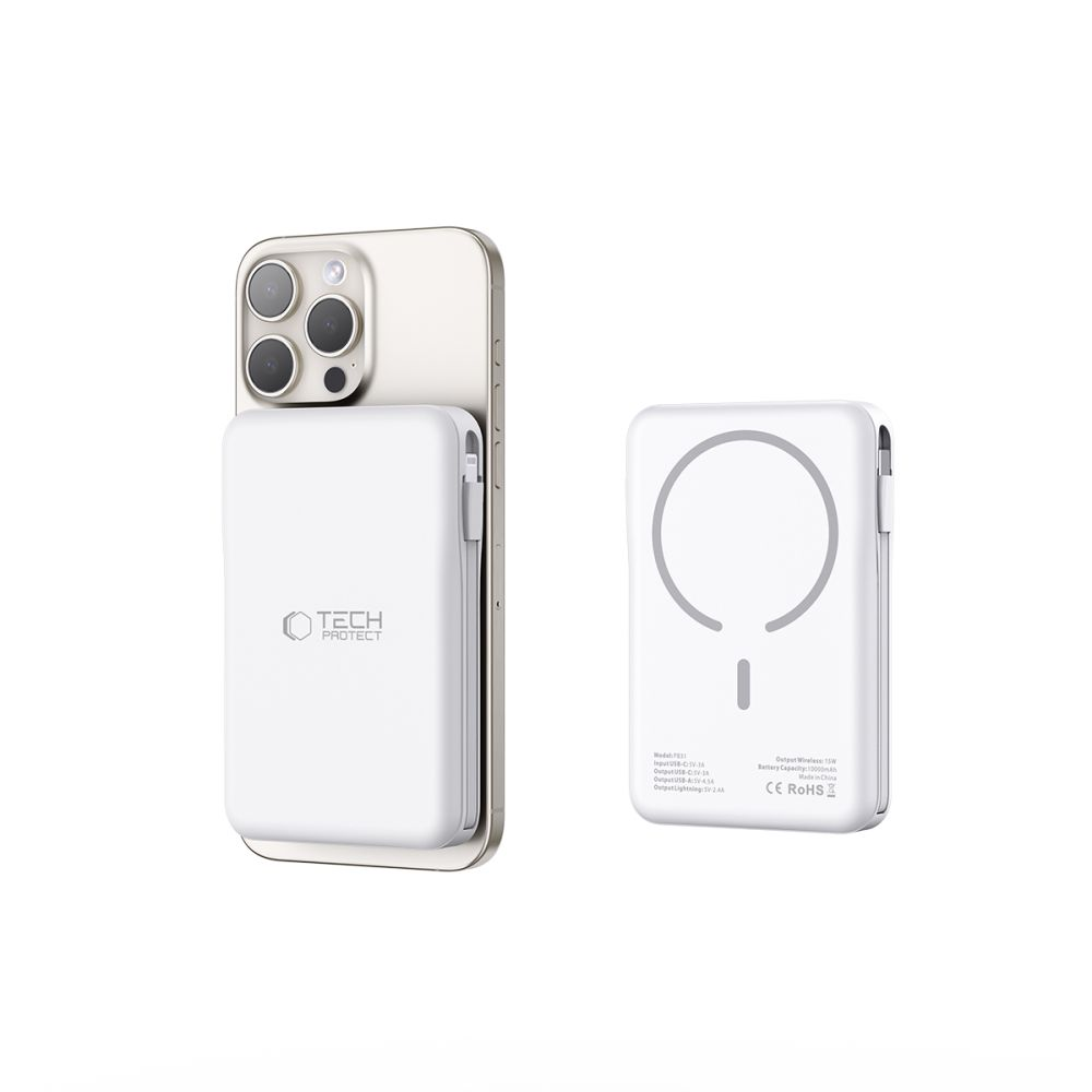 Ein weißes iPhone mit einer angebrachten weißen Powerbank links und eine weitere Powerbank rechts.