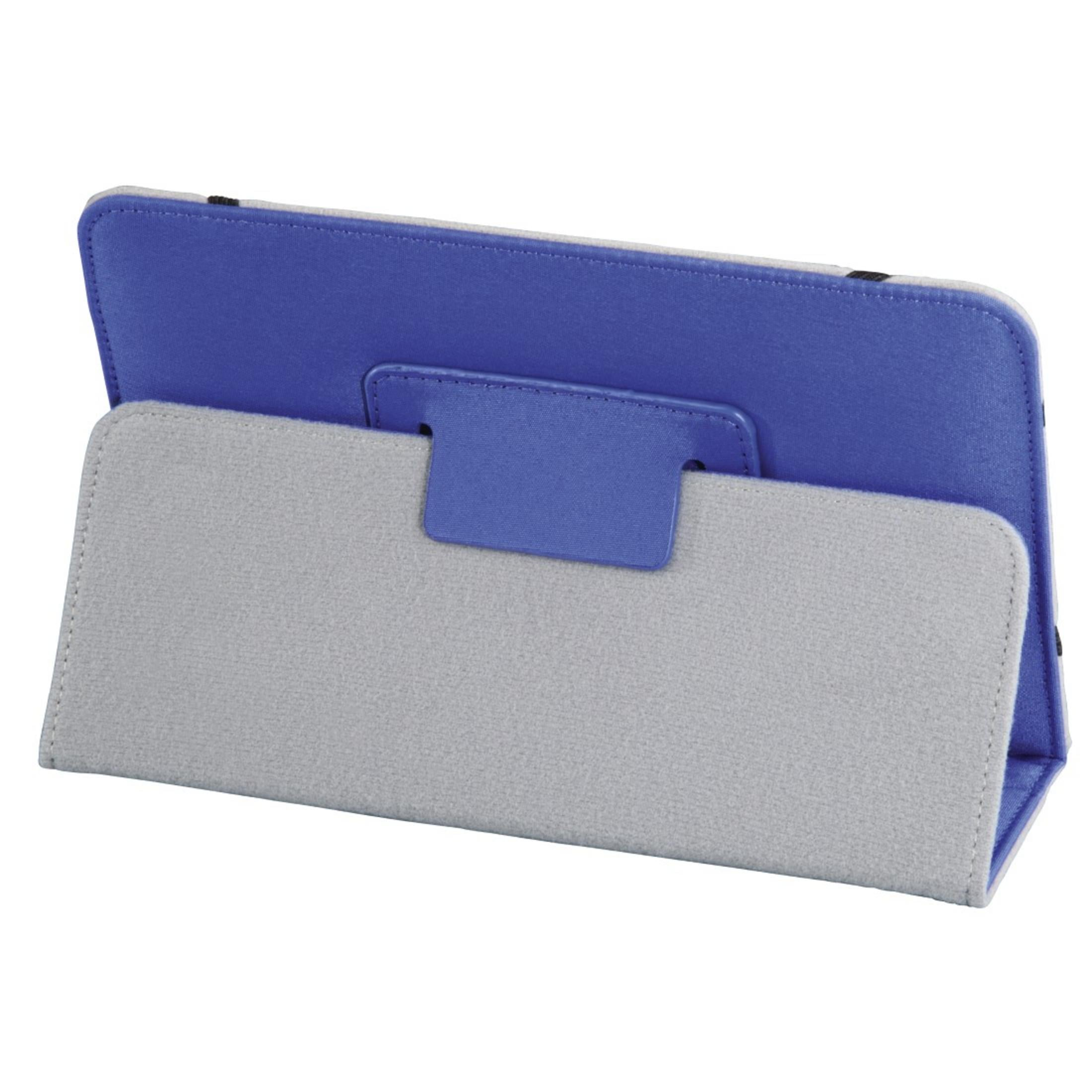 Ein blauer und grauer Tablet-Ständer ist auf weißem Hintergrund zu sehen.