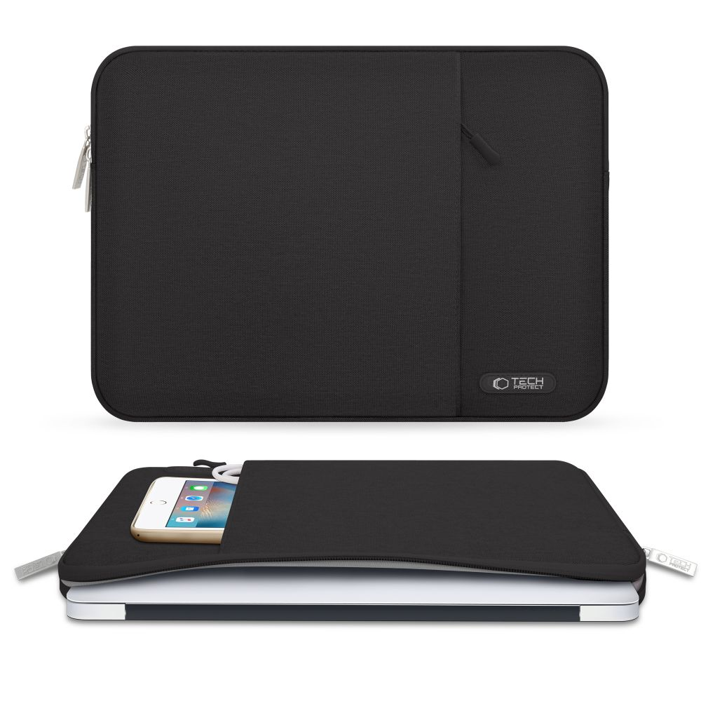 Schwarze Laptoptasche mit silbernem Reißverschluss und einer Fronttasche.