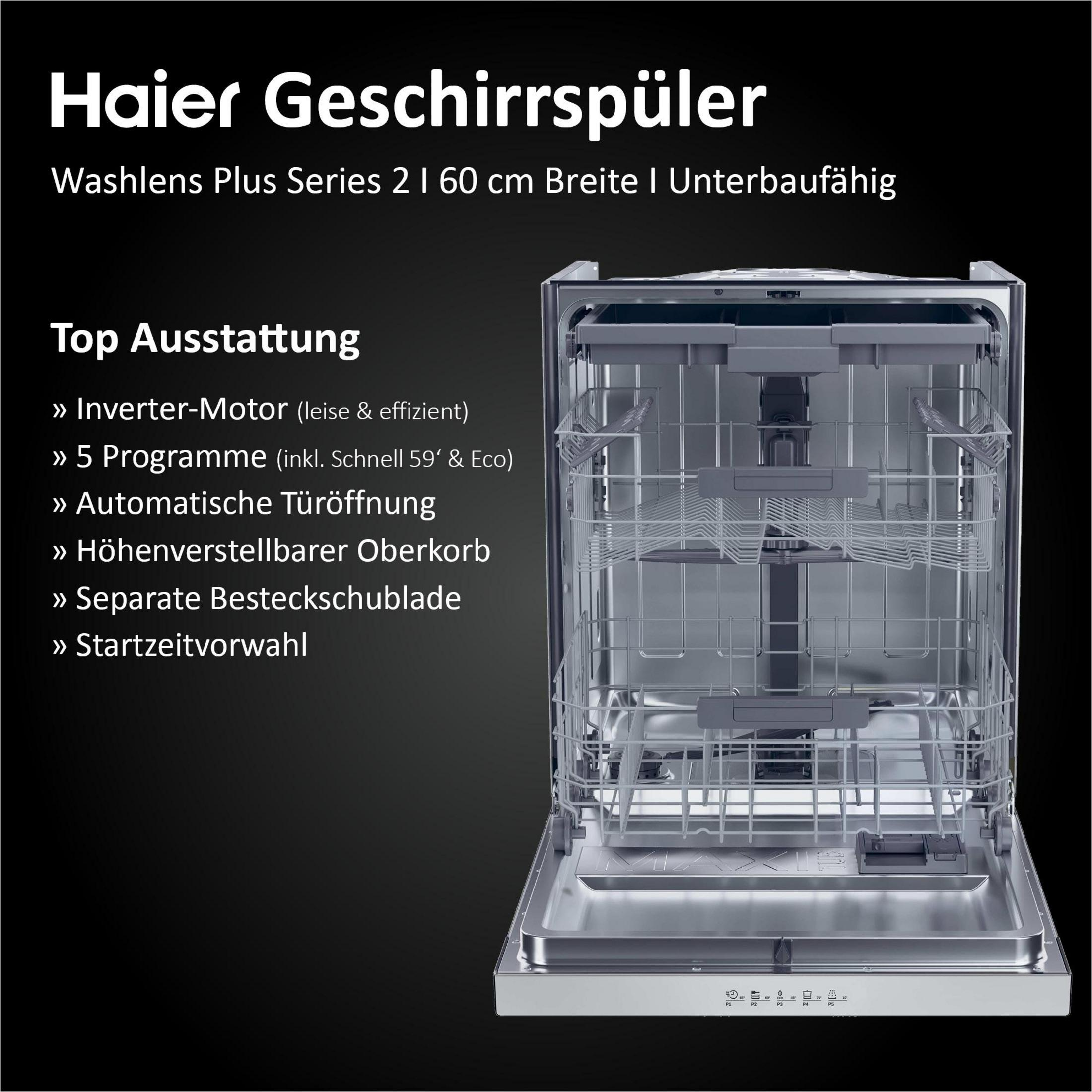 Offener Haier Geschirrspüler mit silbernen Körben und Besteckschublade.