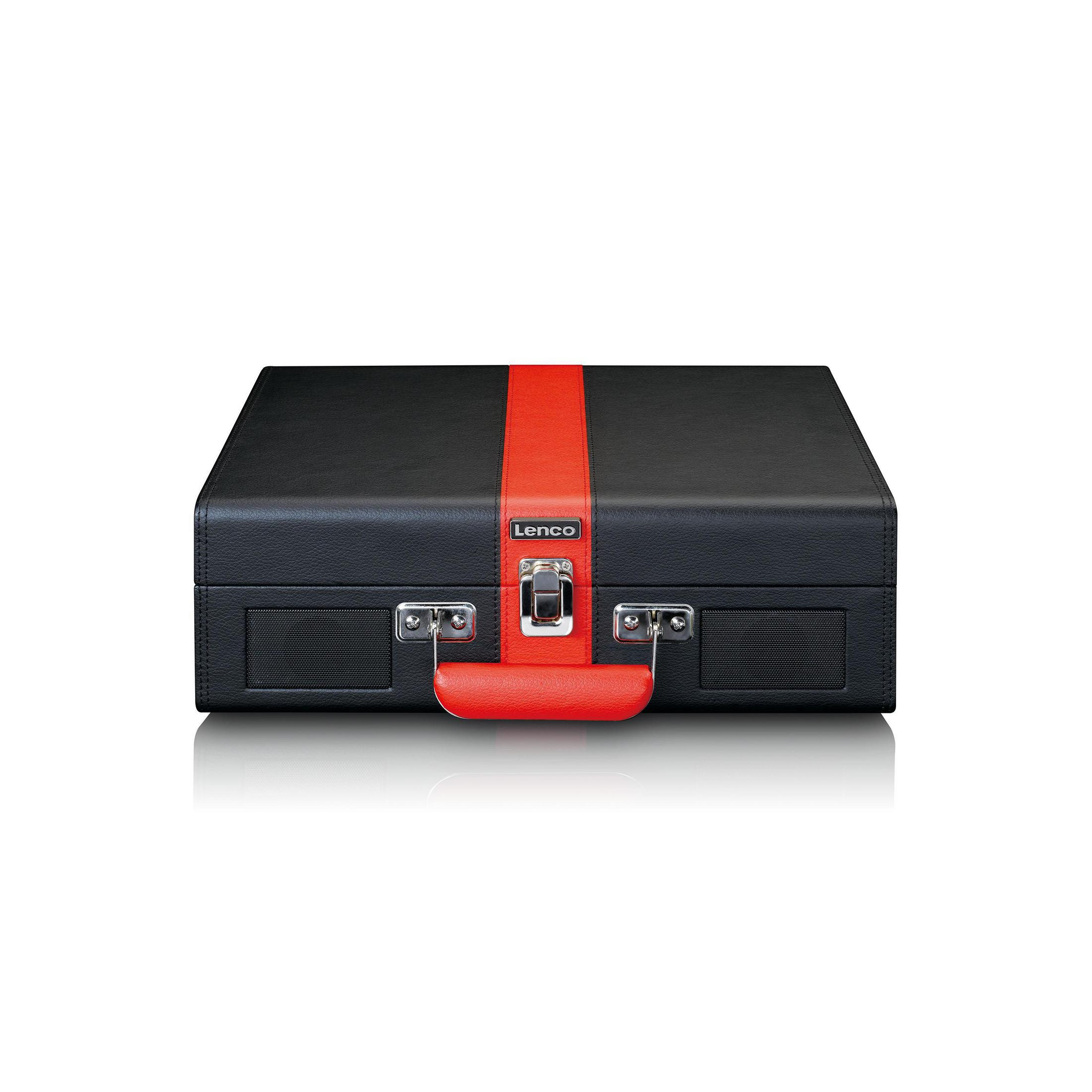 Czarny gramofon z czerwoną taśmą i uchwytem, logo Lenco.