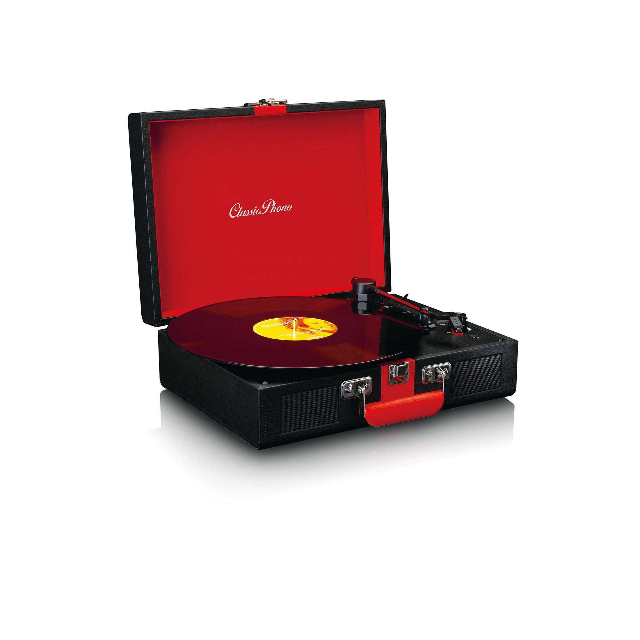 Otwarty czarny gramofon z czerwonym wnętrzem i czerwoną płytą winylową.