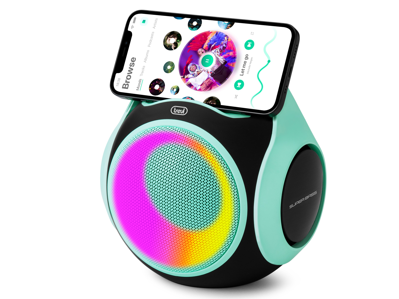 Un altoparlante rotondo, verde menta, con un'app per iPhone che riproduce musica.