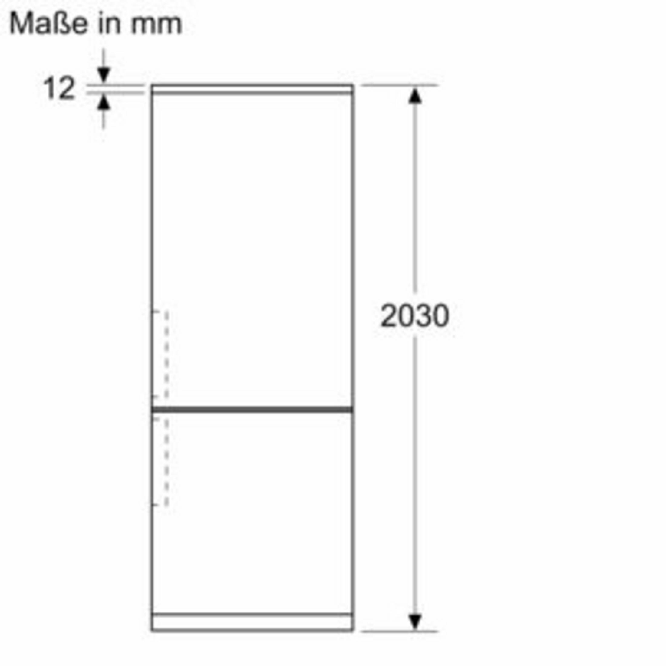 Technische Zeichnung eines Kühlschranks mit Maßen. Höhe 2030 mm.