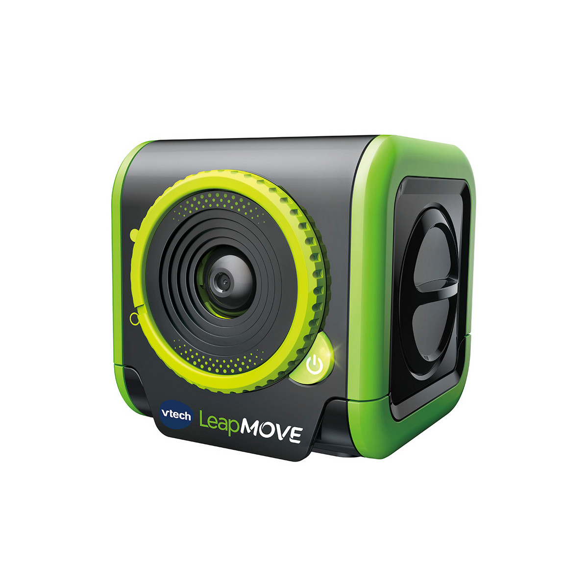 Un giocattolo fotocamera VTech LeapMOVE verde e nero su sfondo bianco.