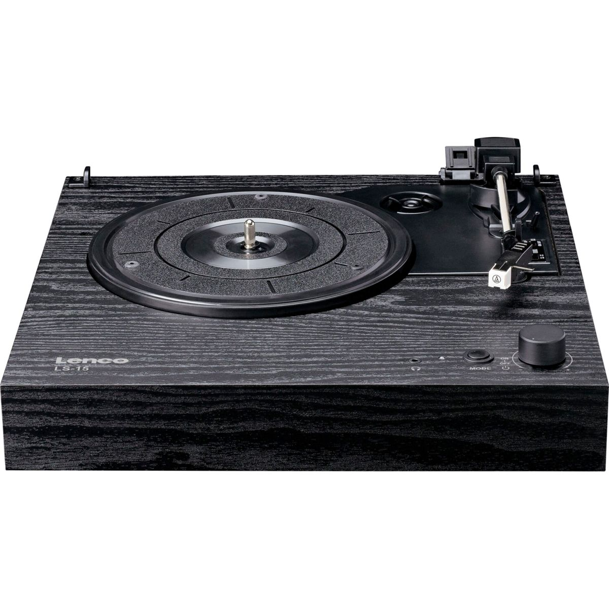 A black wood-grain turntable with tonearm and control knobs.