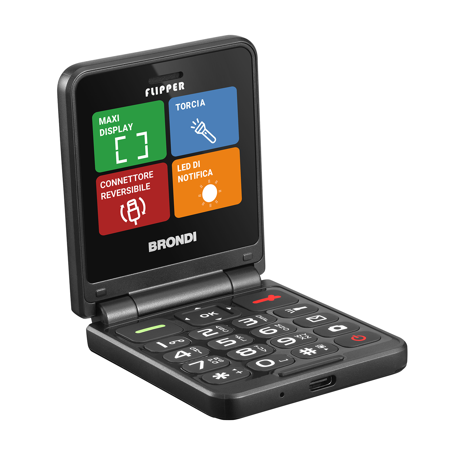 Czarny telefon na klapkę z podświetlanymi ikonami i przyciskami na ekranie.